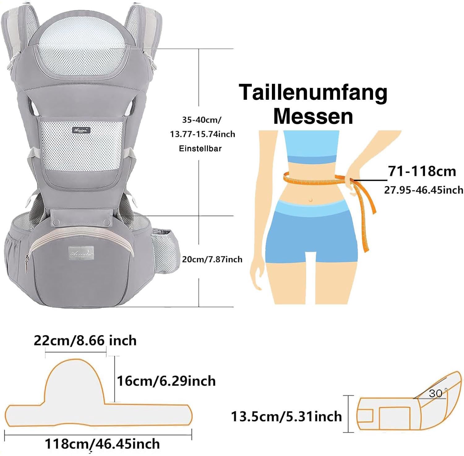 CHICFURN Draagzak voor Baby en Peuter - 15 Draagwijzen - Afneembare Heupzit - Katoen en 3D Mesh - Grijs – foto 8