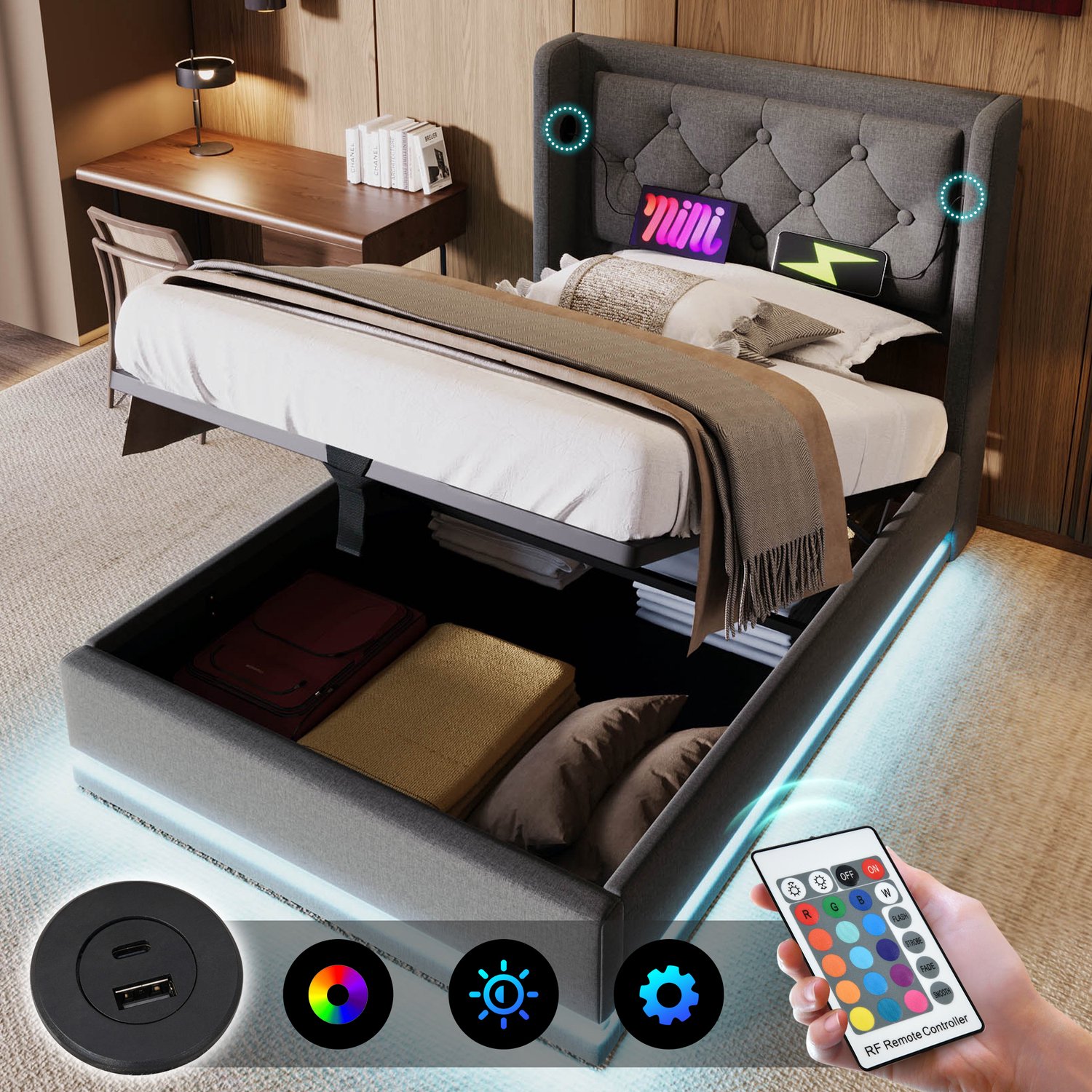 Vovtenza Gestoffeerd eenpersoonsbed 90*200 cm - grijs katoen - hydraulisch opbergbed - gewatteerd hoofdeinde met USB Type-C oplaadfunctie - 3-zijdige LED-verlichting (matras niet inbegrepen)