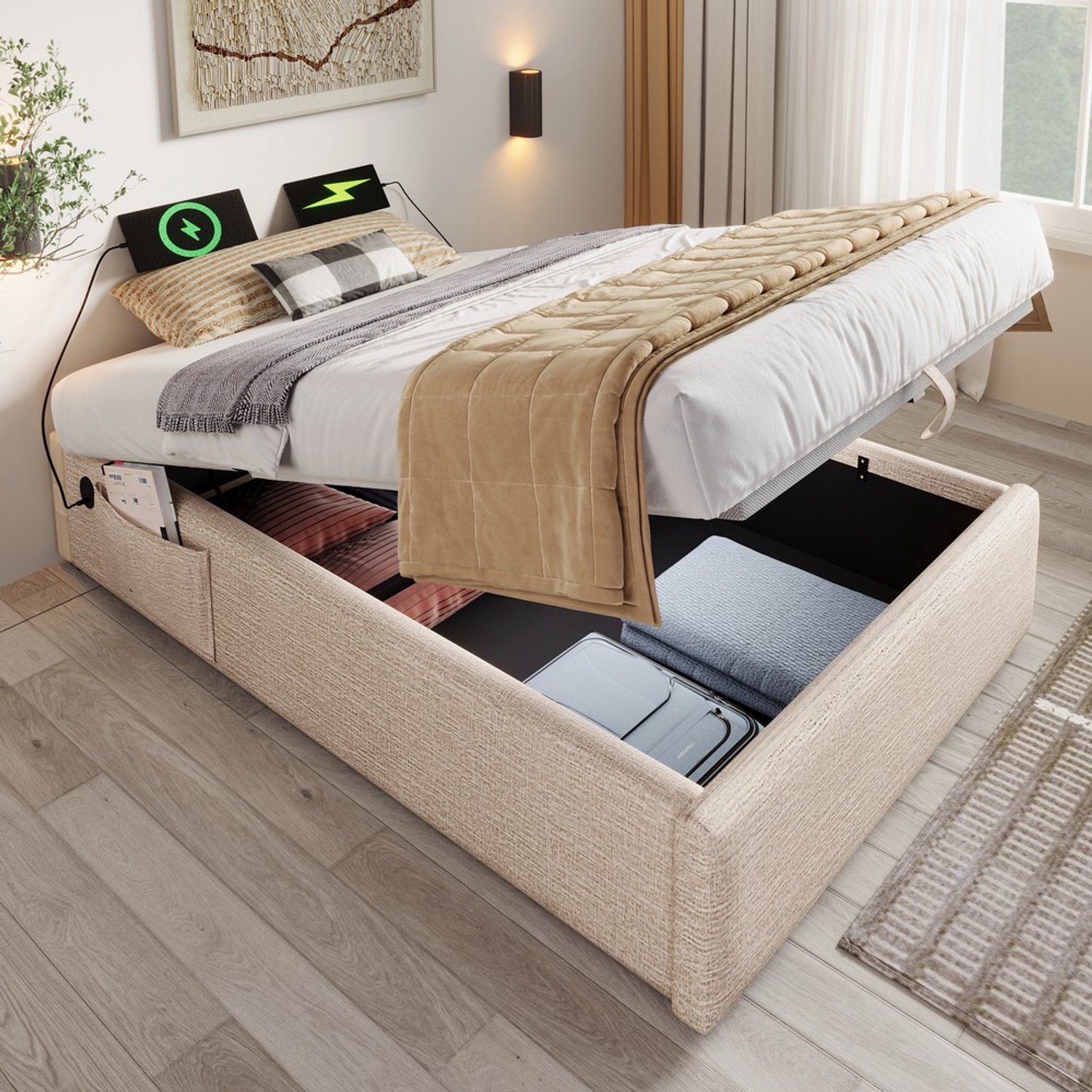 KOMHTOM Gestoffeerd eenpersoonsbed - 90x200 cm - Linnen - Naturel - Opbergruimte - Lattenbodem - Hoofdeinde - USB-aansluiting Beige+Natuur