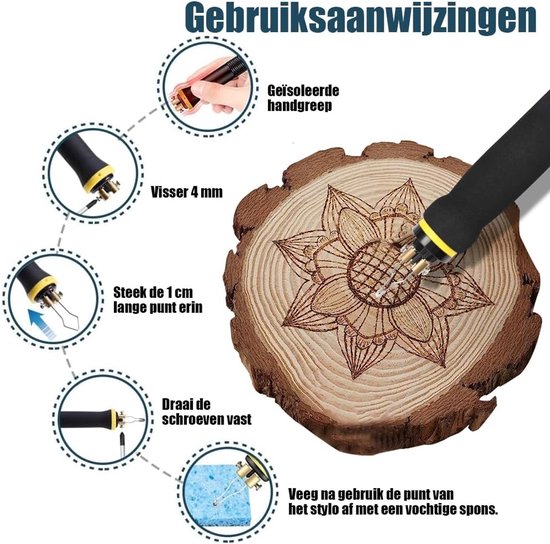 Stapsgewijze gebruiksaanwijzing voor de houtbrander met een bloemmotief op een houten schijf.