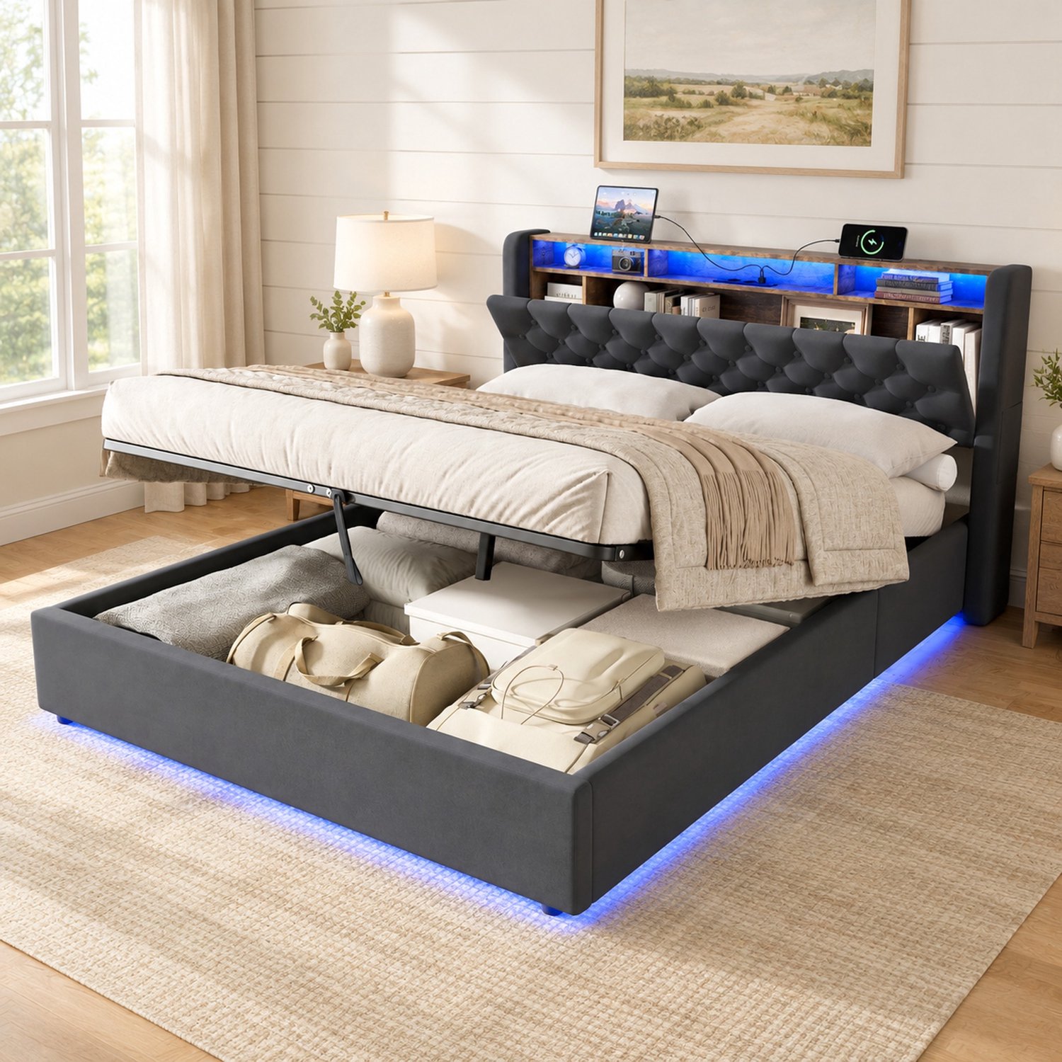 MIVRAY Gestoffeerd Bed 160 x 200 cm - Opbergruimte in Hoofdbord en Bedframe - Slaapkamer voor 2 Personen - Fluweel Metaal en Hout - Donkergrijs