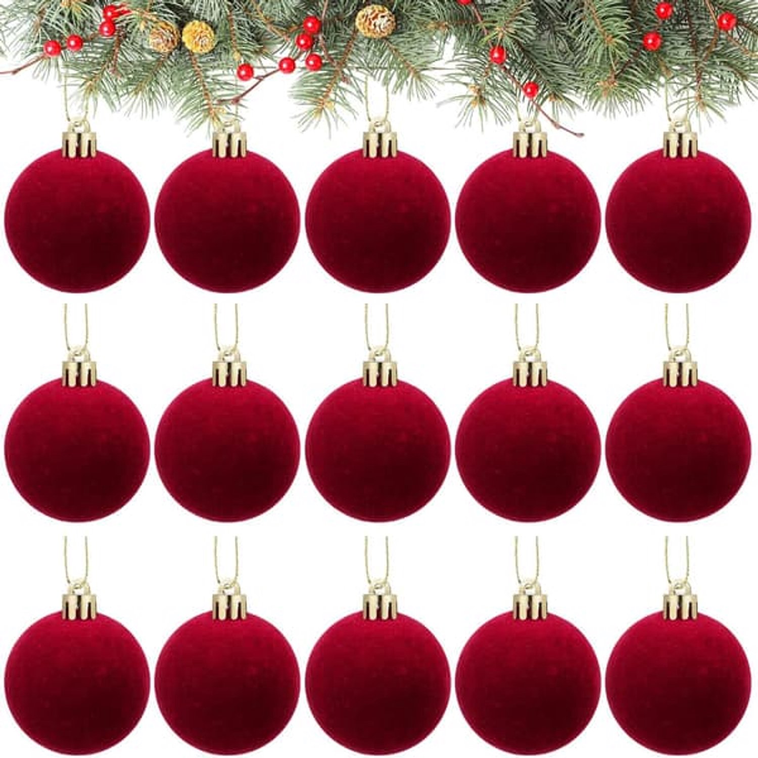 15 fluwelen kerstballen, glanzende, gegalvaniseerde decoratieve kerstballen - bordeauxrood 4 cm - Kerstversiering - Kerstboomversieringen
