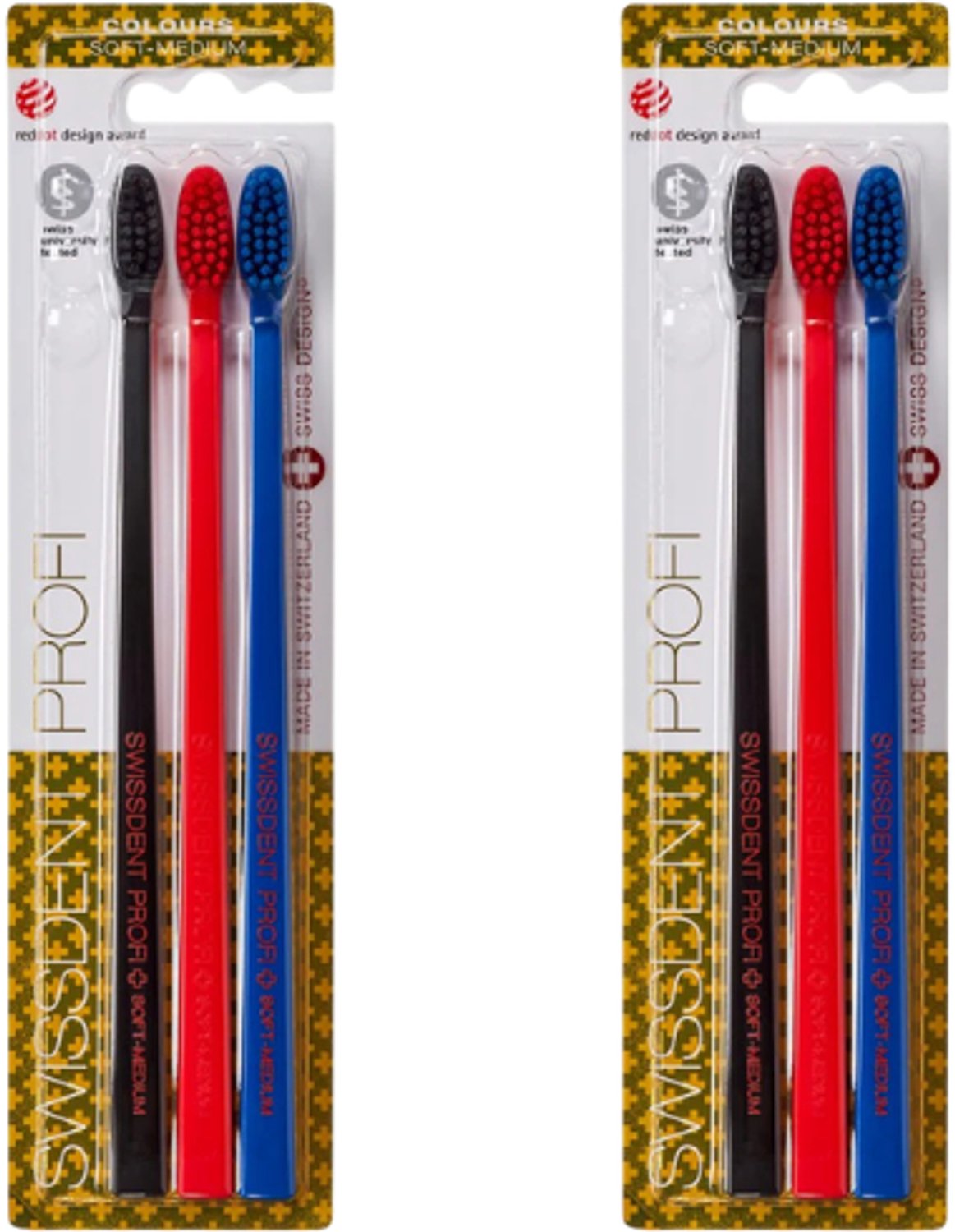 SWISSDENT PROFI Colours Tandenborstel - Soft-Medium - 2 x 3 stuks - Zwart, Rood & Blauw