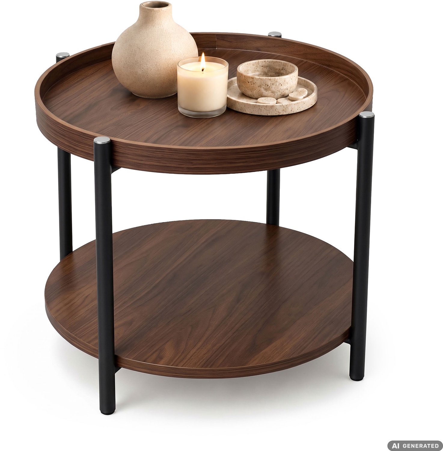 Akord Salontafel RIVA / Walnootlook / 51 cm / Rond / Plank / Zwarte Poten / Industriële Stijl / 51 x 51 x 40 cm Walnoot/zwart