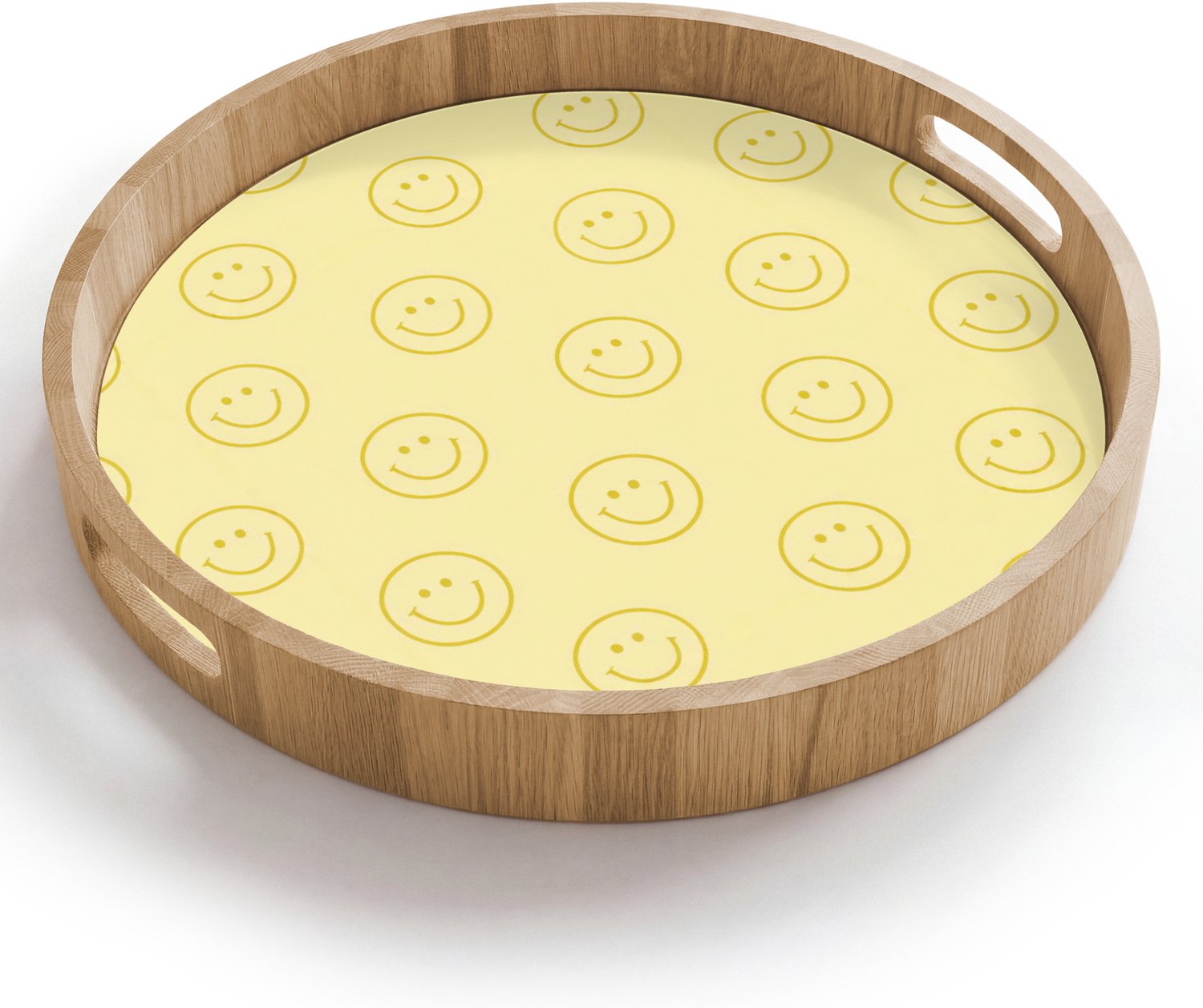 Dienblad rond 40x40 cm - Schootdienblad hout - Smileys - Patroon - Retro - Zachtgeel - Borrelplank rechthoek - Plateau houten dienbladen
