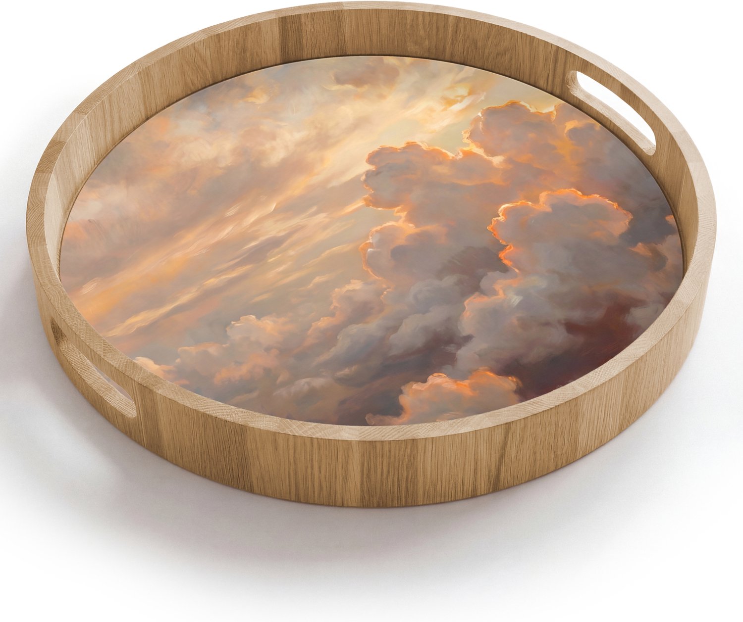 Dienblad rond 40x40 cm - Schootdienblad hout - Wolken - Zonsondergang - Natuur - Abstract - Goud - Borrelplank rechthoek - Plateau houten dienbladen