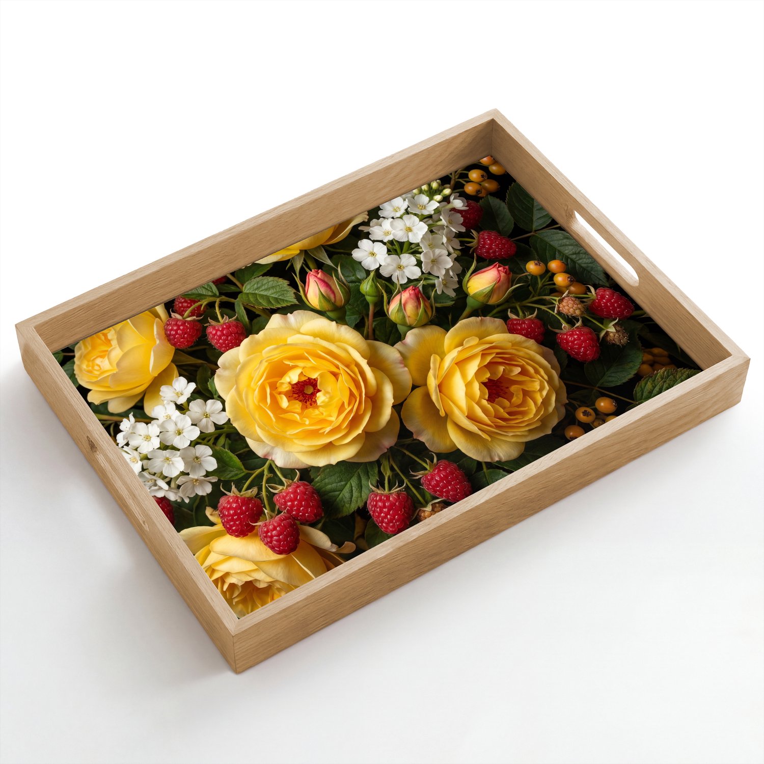 Dienblad hout 50x35 cm - Schootdienblad - Bloemen - Boeket - Natuur - Klassiek - Geel - Borrelplank rechthoek - Plateau dienbladen