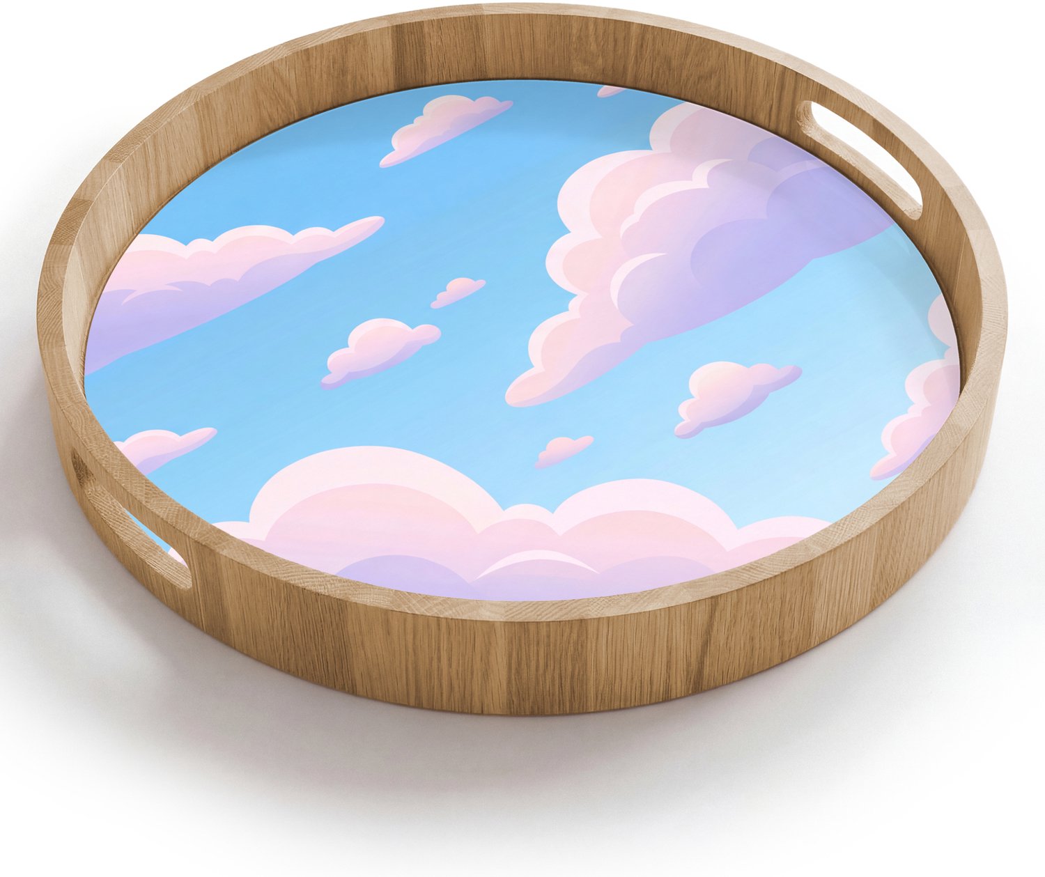 Dienblad rond 40x40 cm - Schootdienblad hout - Wolken - Roze - Blauw - Natuur - Modern - Borrelplank rechthoek - Plateau houten dienbladen