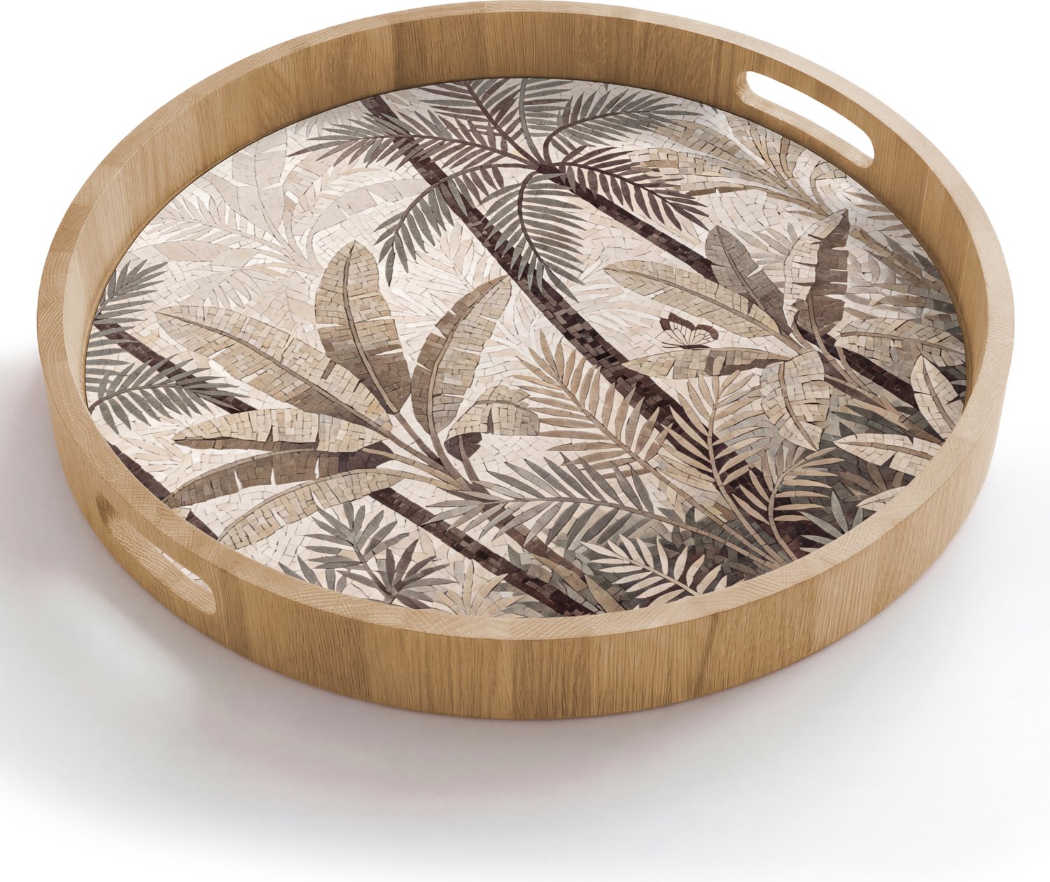 Dienblad rond 50x50 cm - Schootdienblad hout - Natuur - Bladeren - Landschap - Mozaïek - Beige - Borrelplank rechthoek - Plateau houten dienbladen
