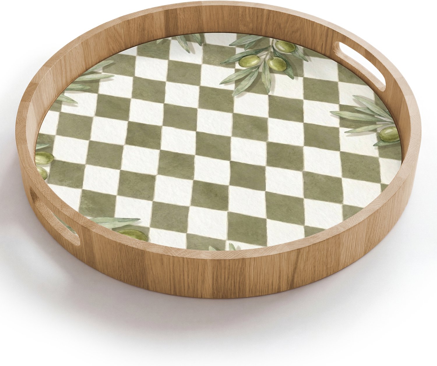 Dienblad rond 40x40 cm - Schootdienblad hout - Plant - Olijftakken - Waterverf - Mediterraan - Groen - Borrelplank rechthoek - Plateau houten dienbladen