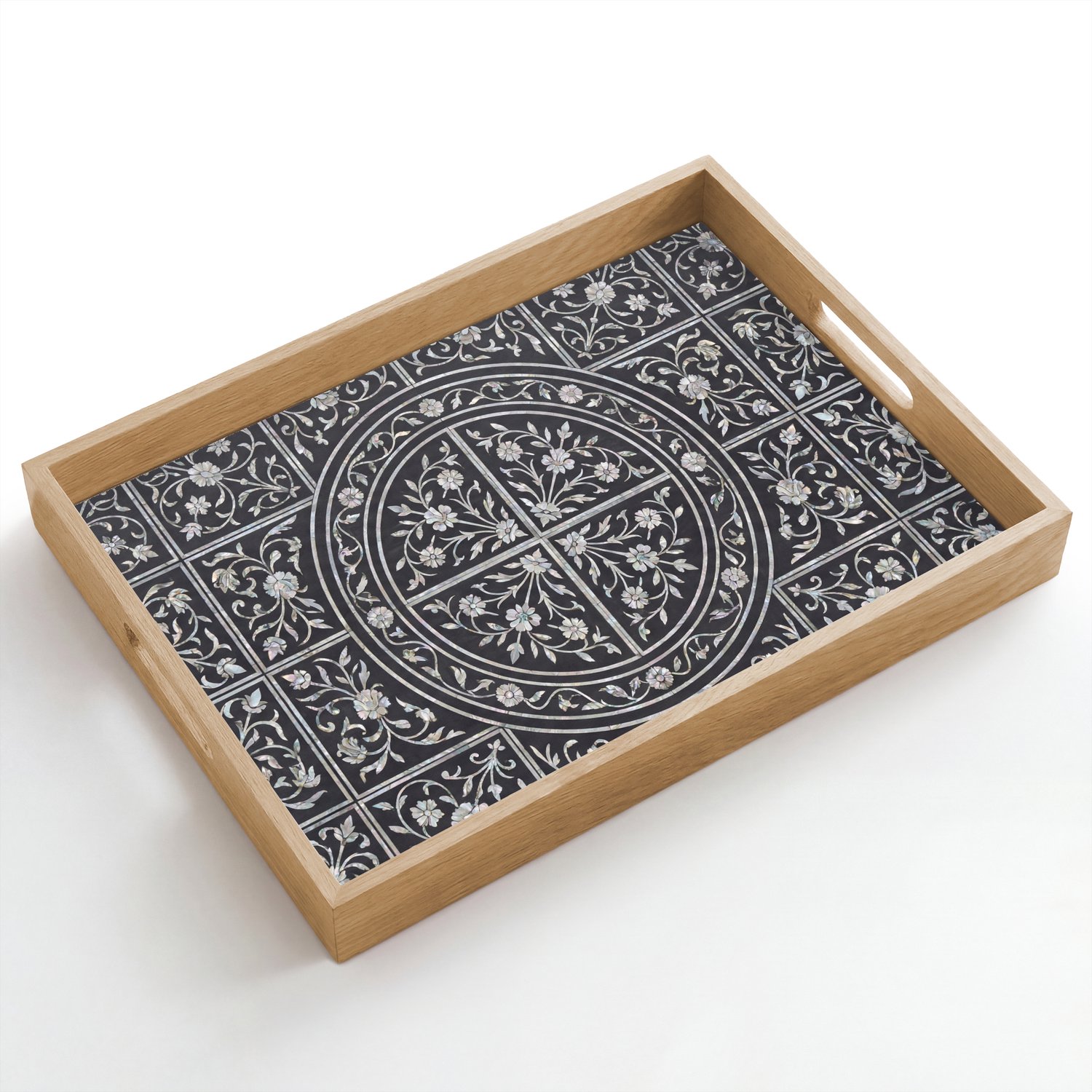 Dienblad hout 50x35 cm - Schootdienblad - Patroon - Bloemmotief - Decoratie - Klassiek - Zwart - Borrelplank rechthoek - Plateau dienbladen