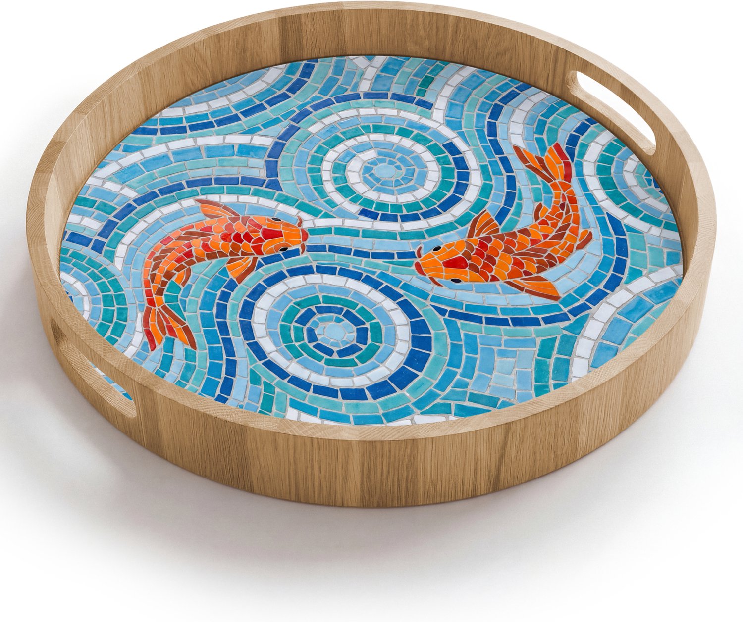 Dienblad rond 40x40 cm - Schootdienblad hout - Vis - Mozaïek - Water - Decoratief - Blauw - Borrelplank rechthoek - Plateau houten dienbladen