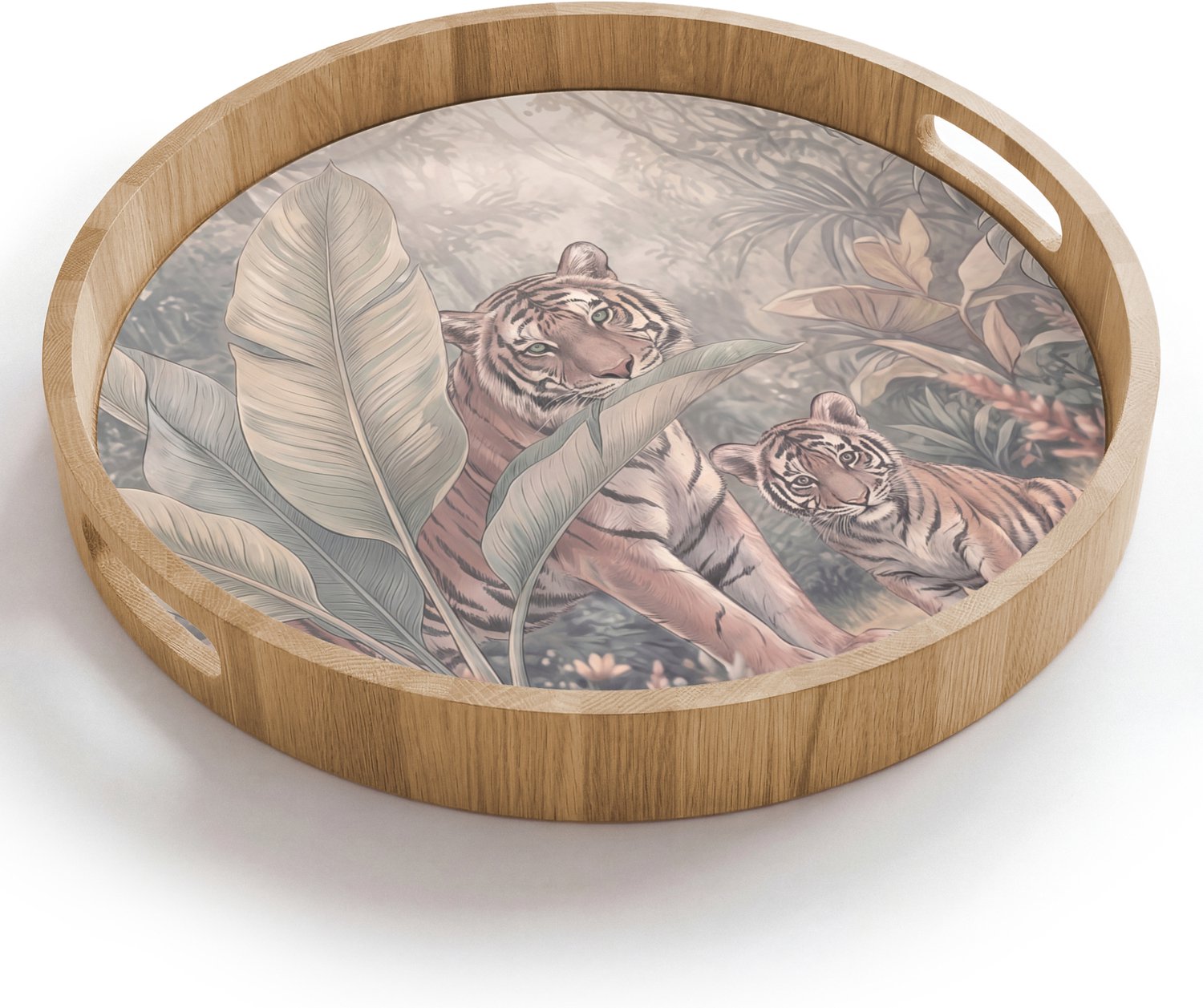 Dienblad rond 40x40 cm - Schootdienblad hout - Tijger - Welp - Jungle - Illustratie - Dieren - Borrelplank rechthoek - Plateau houten dienbladen