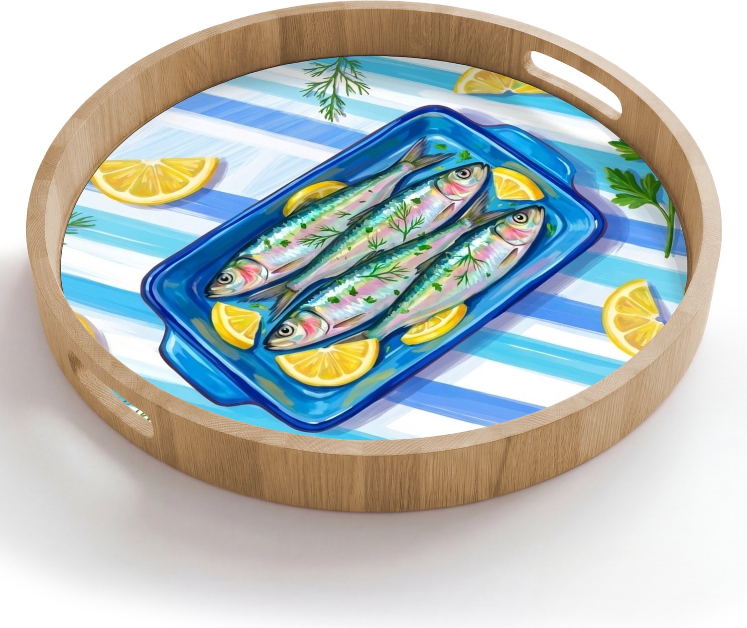 Dienblad rond 50x50 cm - Schootdienblad hout - Vis - Citroen - Kruiden - Eten - Blauw - Borrelplank rechthoek - Plateau houten dienbladen