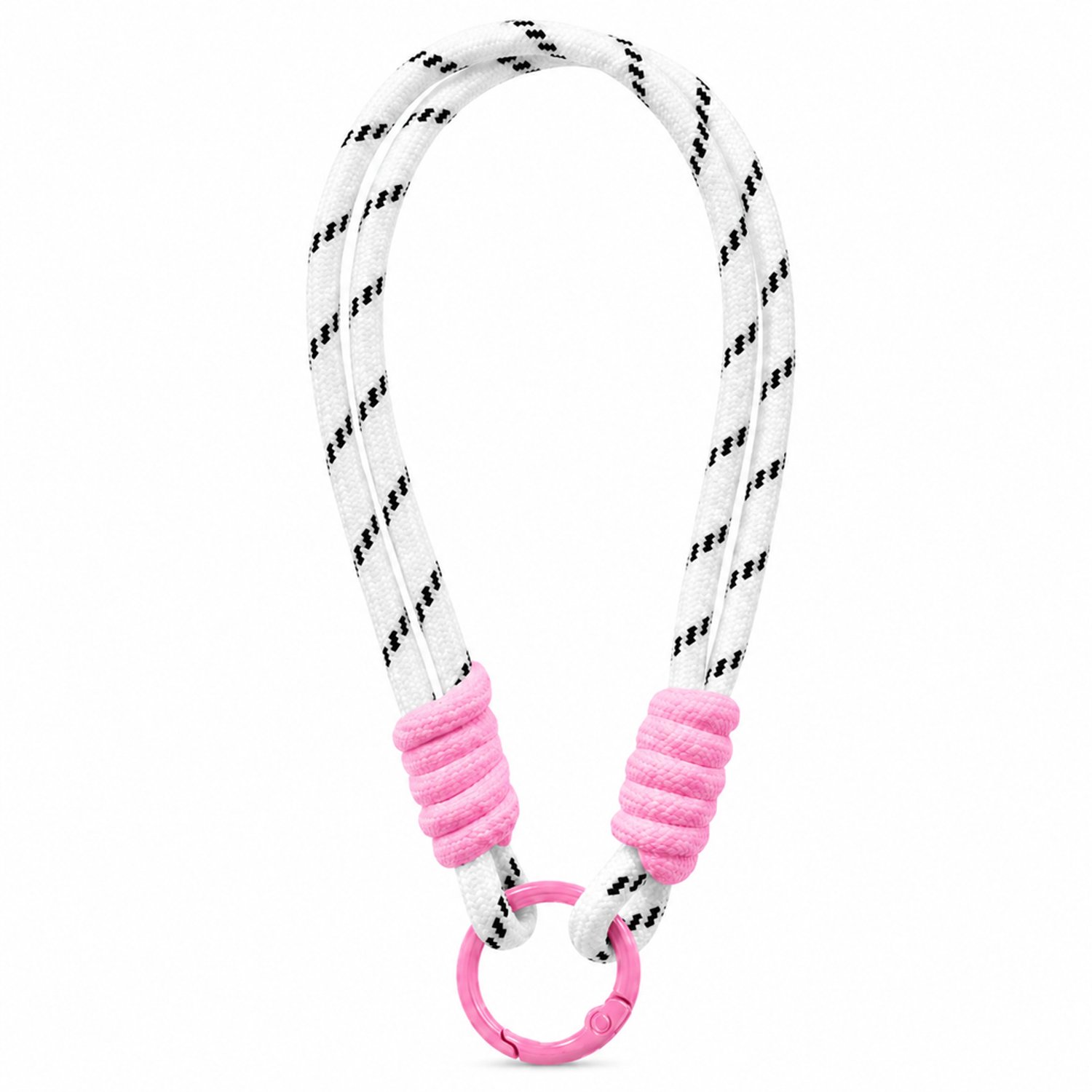 Telefoonkoord wit, 16 cm, gevlochten korte lus met enkele bevestigingsring en roze accenten, los verpakt