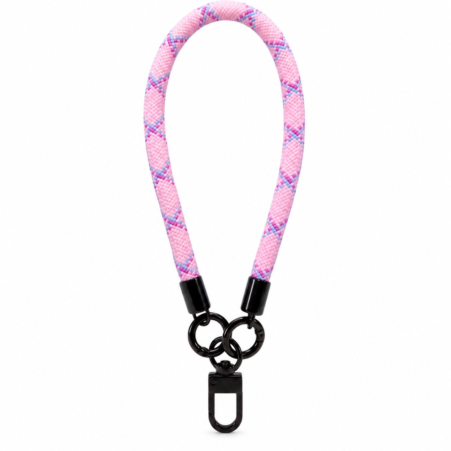 Telefoonkoord 19 cm - kort gevlochten polskoord met roze-blauw ruitpatroon, ringen en haak - los verpakt