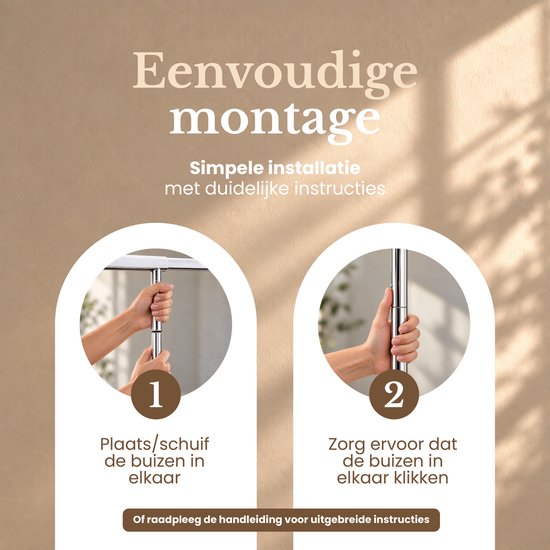 Eenvoudige montage van een kledingrek door de metalen buizen in elkaar te klikken.