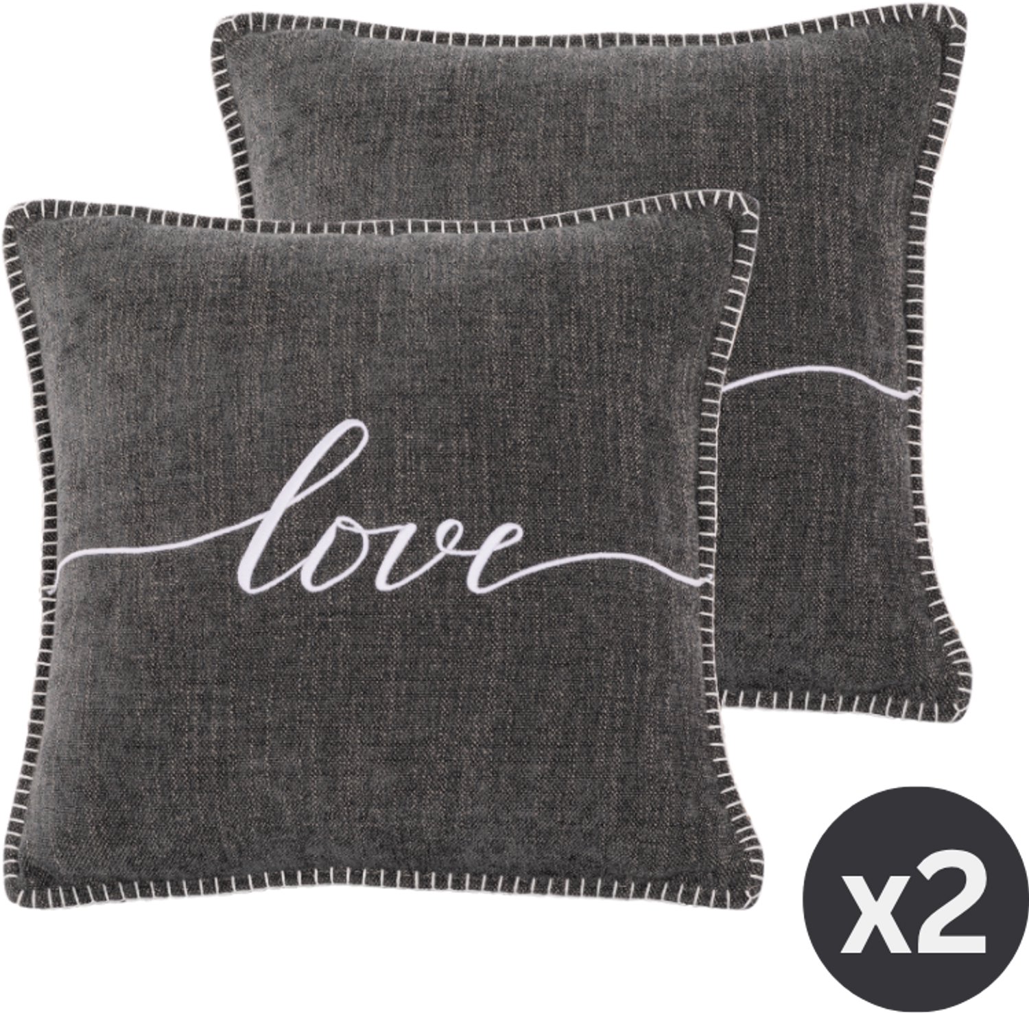 Tiseco HOME STUDIO - Kussen (gevuld) DAMIAN - Geborduurde LOVE tekst - Vierkant - 45x45 cm - Donkergrijs GREY DARK