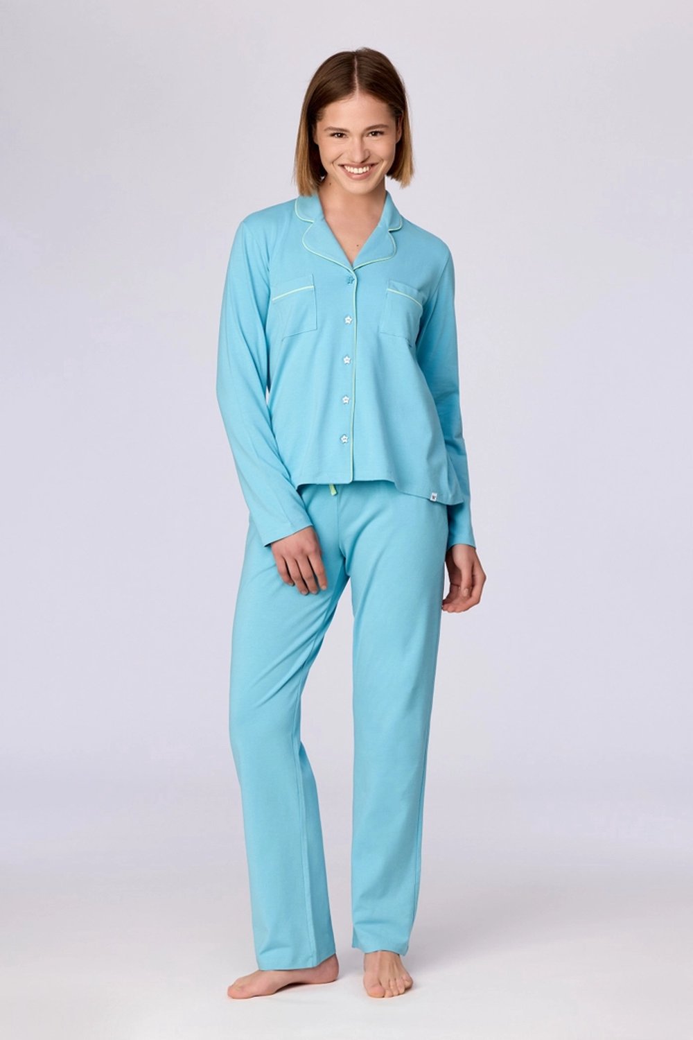 Woody pyjama dames doorknoop - lichtblauw - 262-10-YPD-Z/824