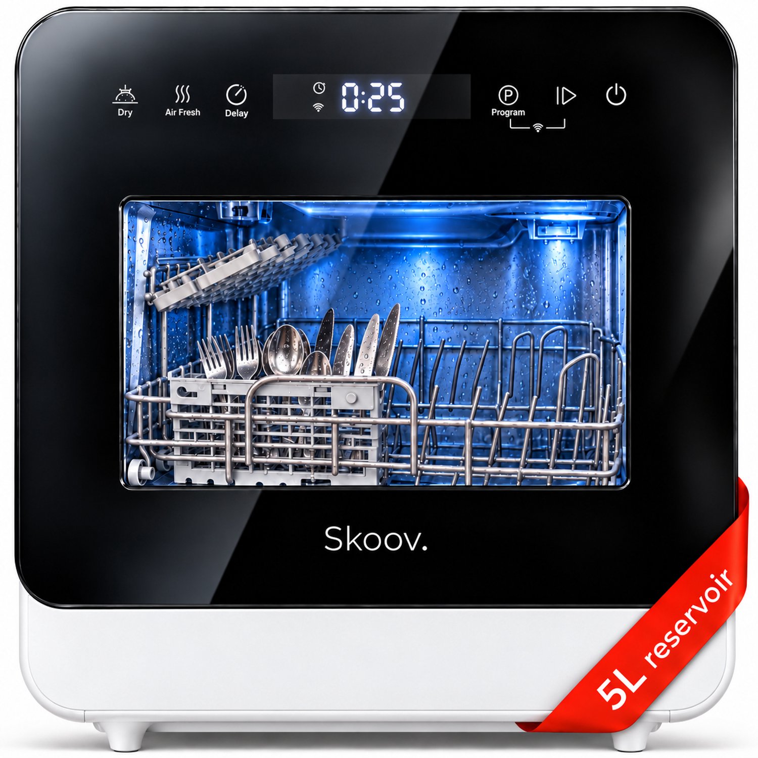 Skoov Vrijstaande mini vaatwasser met waterreservoir - Afwasmachine vrijstaand - Dishwasher - Vaatwas - Met bestekmand - Kleine vaatwasmachine - Smalle - Tafel - Camping - Wit - Compact - 5 Couverts - 7 wasprogramma’s
