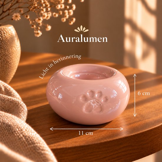 Roze keramische waxinelichthouder met pootafdruk, 11x6 cm, tekst Auralumen Licht in herinnering.