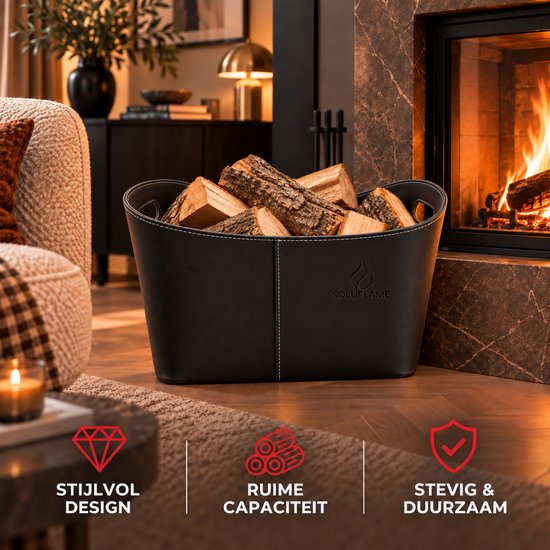 Zwarte Soluflame houtmand bij een haard met iconen voor stijlvol design, ruime capaciteit en stevige kwaliteit.