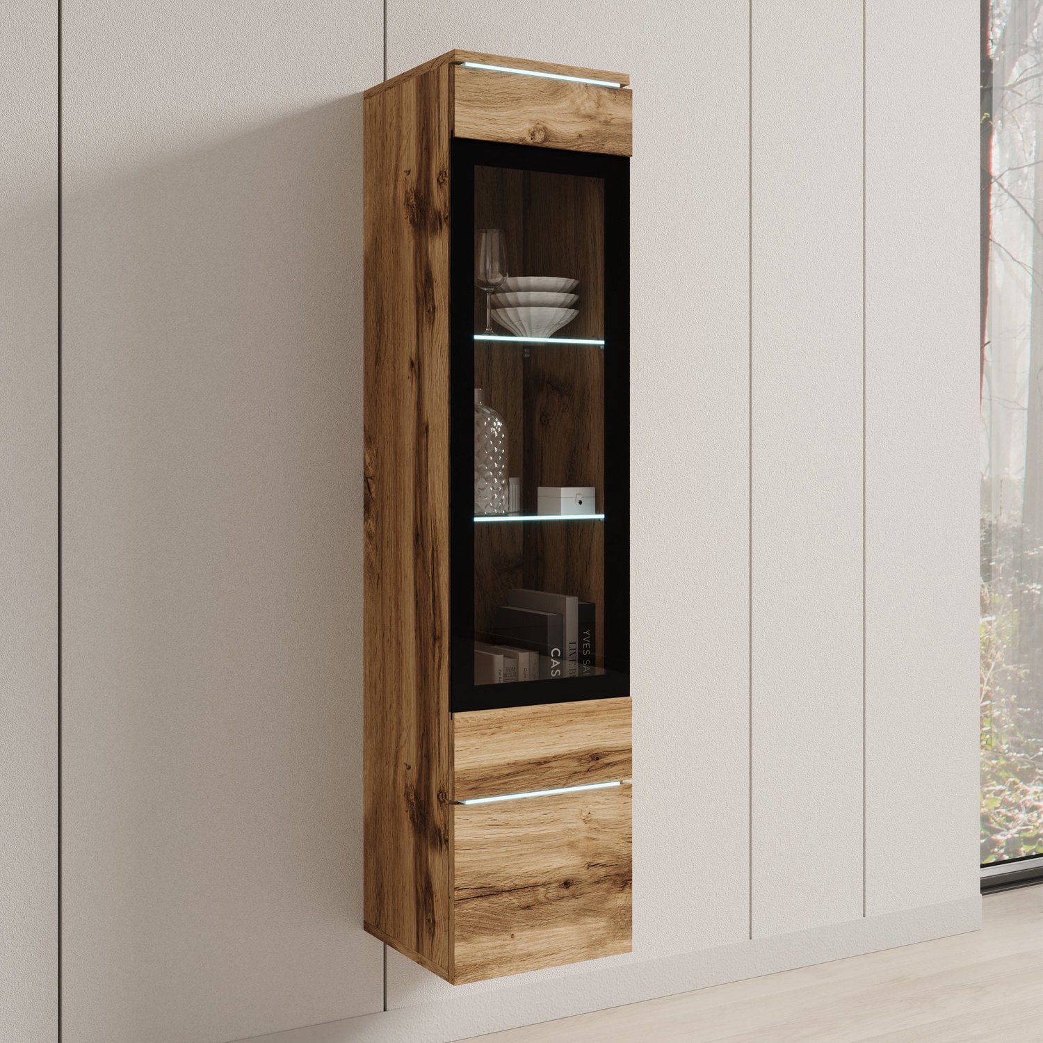 MEUBELLA Variety - Vitrinekast met LED - Eikenpatroon - 30x33x130 Bruin