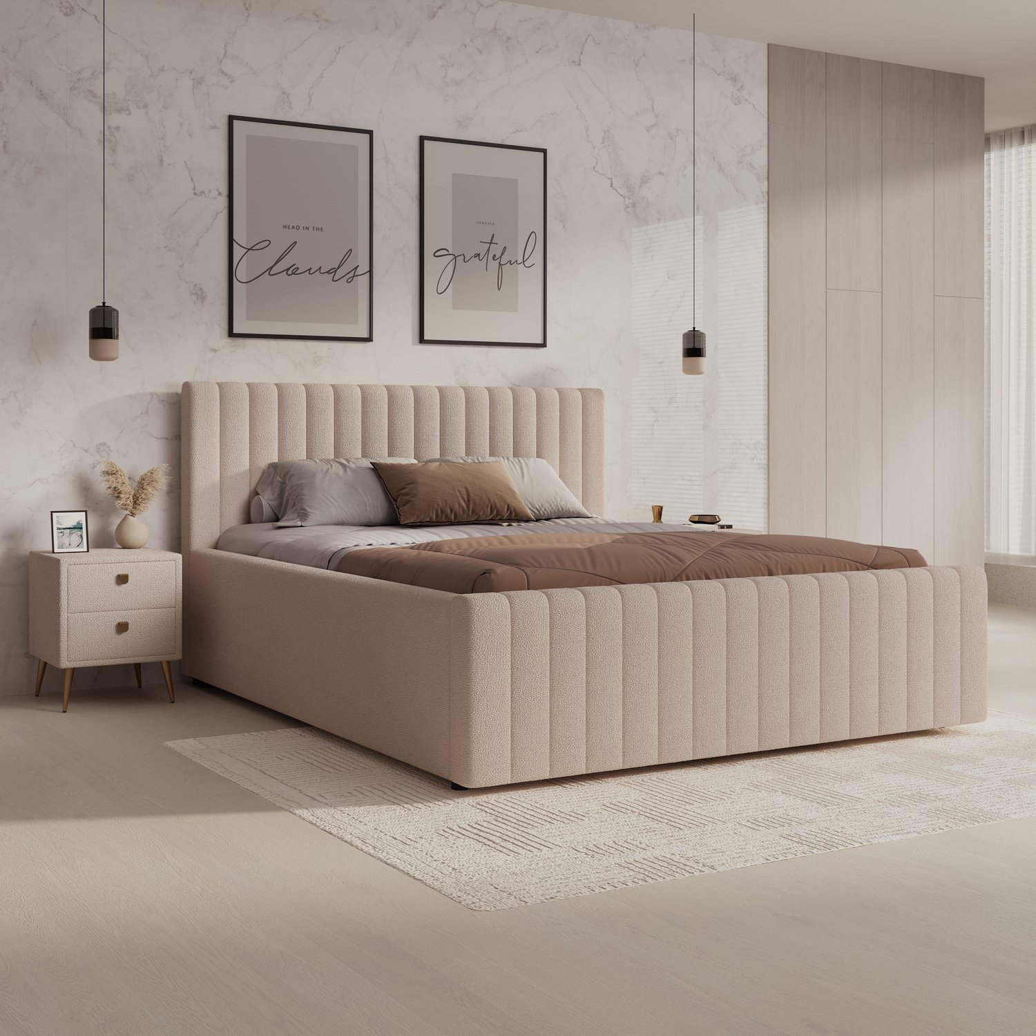 MEUBELLA Bavira - Tweepersoonsbed opbergruimte - Stof beige - 160x200