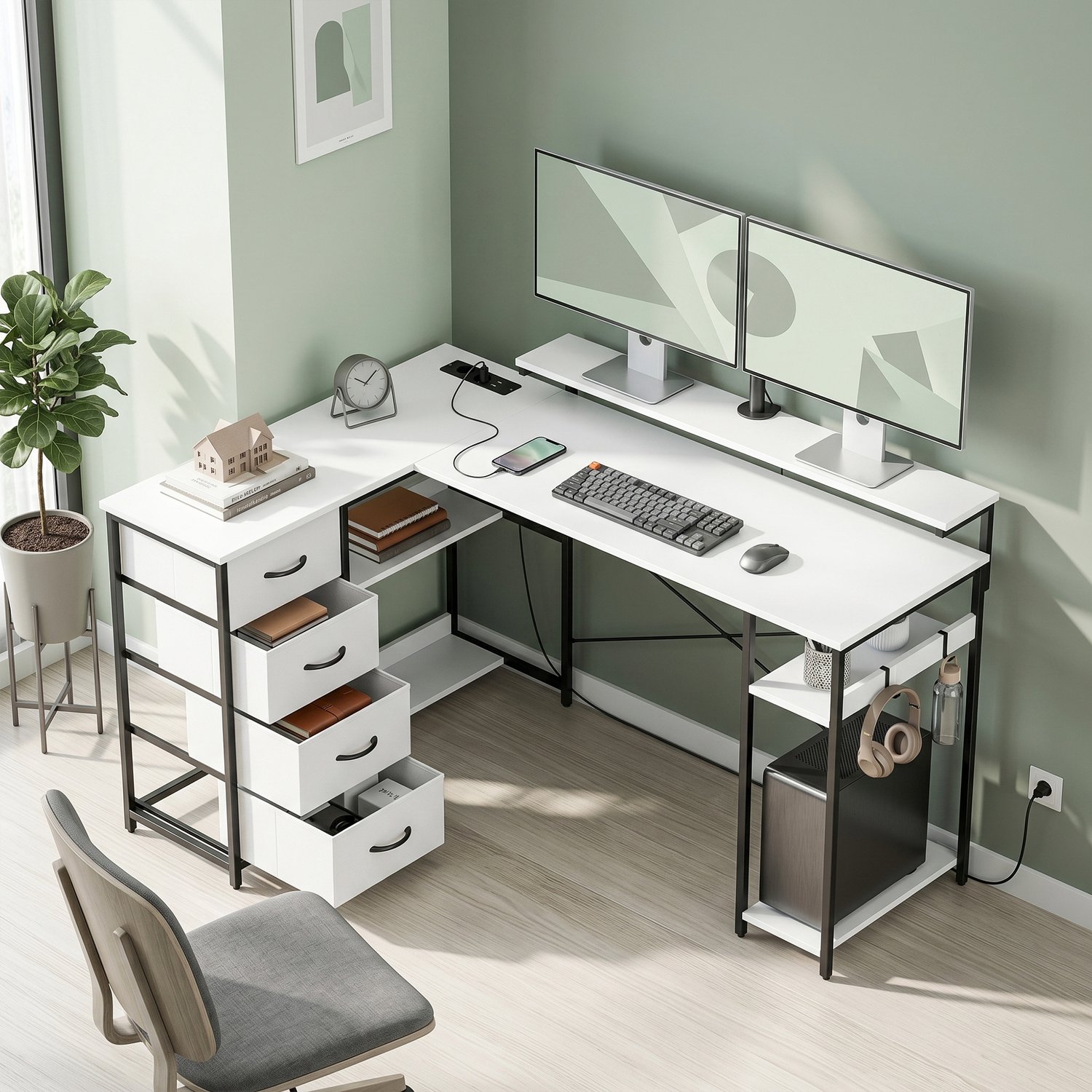 MUVANO Omkeerbaar hoekbureau van 155 cm - L-vormig bureau - 4 stoffen lades - Monitorverhoger - Stopcontacten en usb-poorten - Voor thuiswerken - Wit en zwart