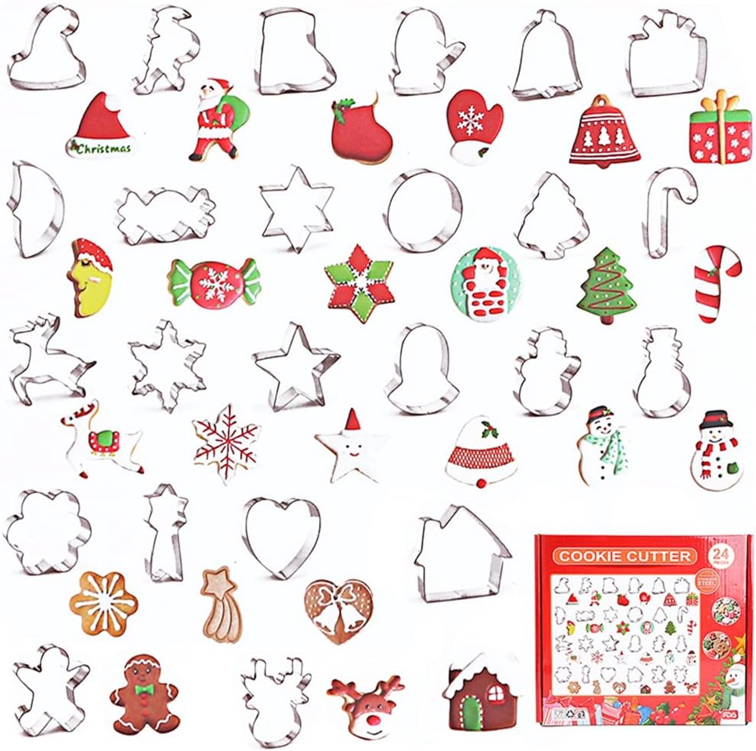 24 STUKS - koekjes vormen - koekjes vormen kerst - koekjesvormen kerst - Kerstcadeau - kerstboom – Kerst Bakvormpjes & Kerstcadeau - koekjesvormt - Zilver - RVS