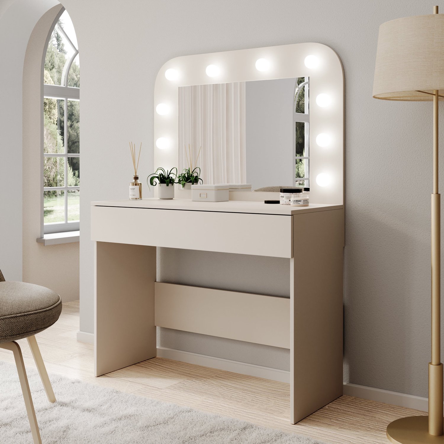 MEUBELLA Savoy - Kaptafel met spiegel - Beige - 100x43x143 cm