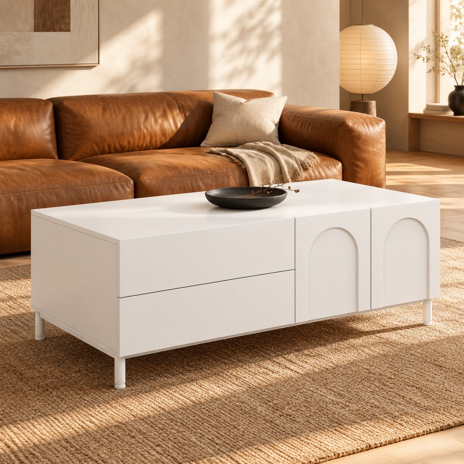 Wishdor Salontafel met opbergruimte - Twee lades en twee deuren met boogmotief - Gesloten vak en stalen buispoten - Modern en scandinavisch - Woonkamer - MDF en bewerkt hout - Wit - 100 x 50 x 39,5 cm