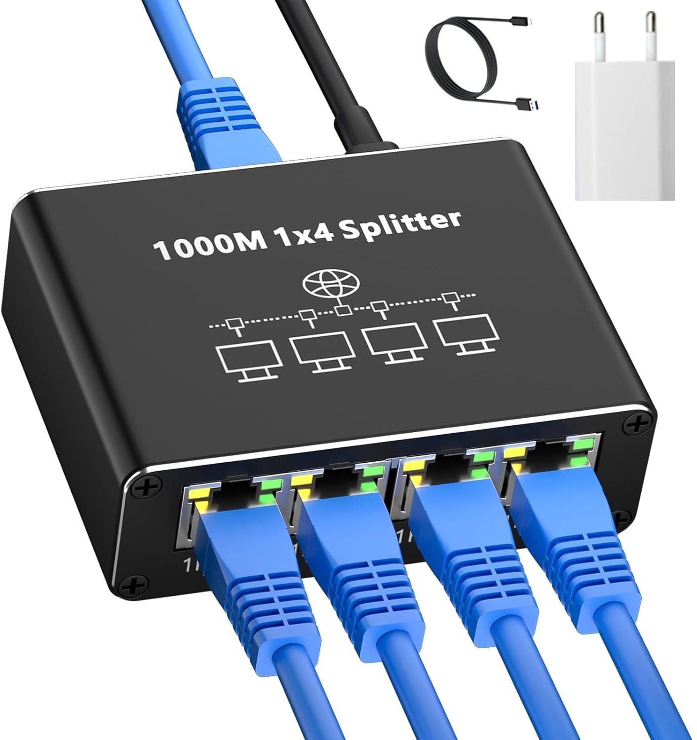 Ethernet Switch - Zwart - 4 Poorten - Gigabit Ethernet Splitter - Voor Computer en Thuisgebruik