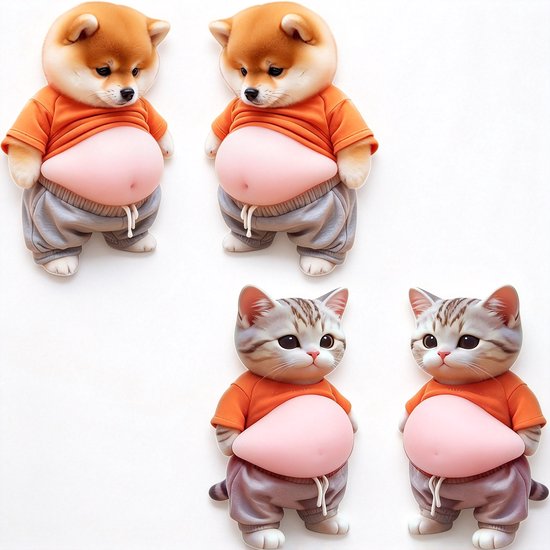 Twee sets van 3D-stickers: Shiba Inu-hondjes en grijze katjes met oranje shirts en uitpuikende roze buikjes.