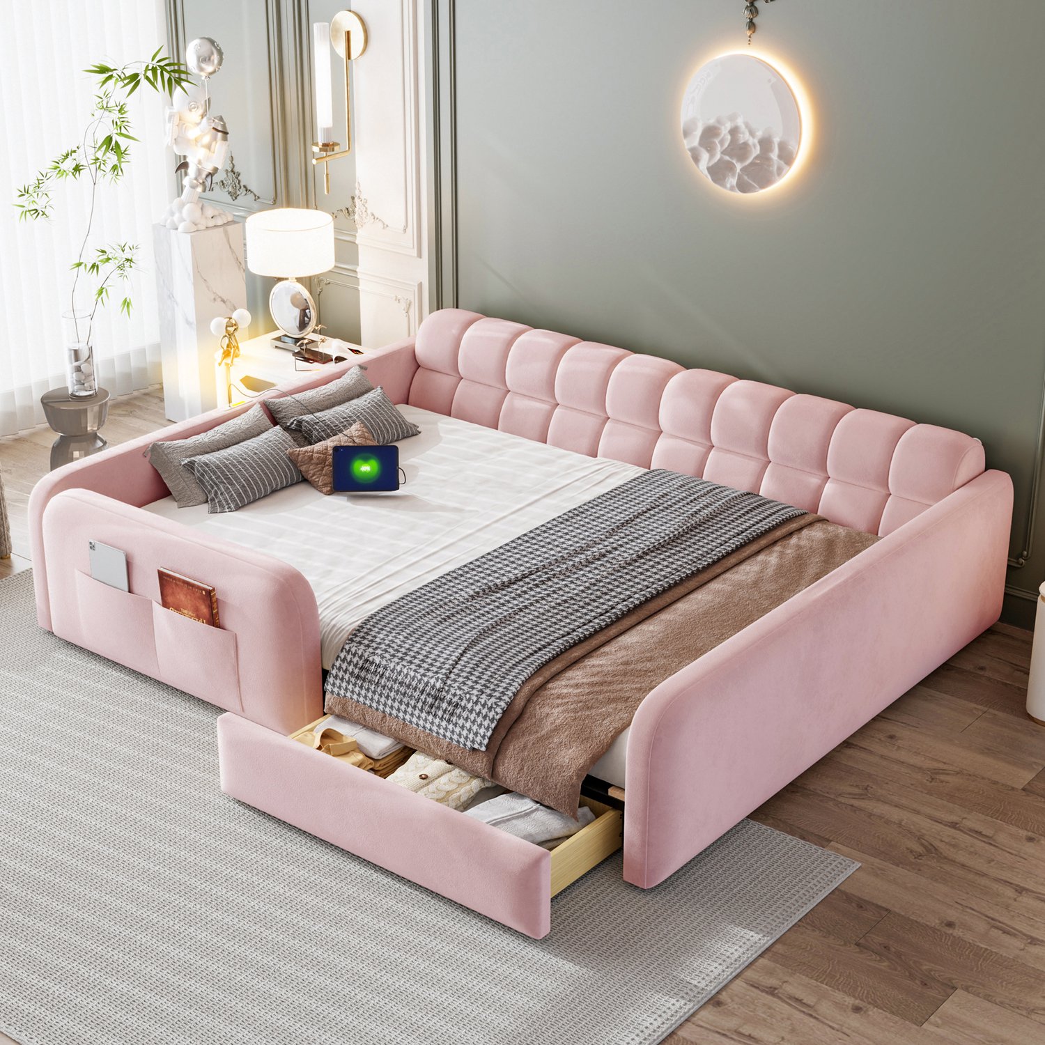 Wishdor Kinderbed 140x200 cm - Hoge veiligheidsranden en fluwelen bekleding - Bedlade, nachtlampje en USB- en USB-C-aansluitingen - Gestoffeerd sofahoofdbord - Roze