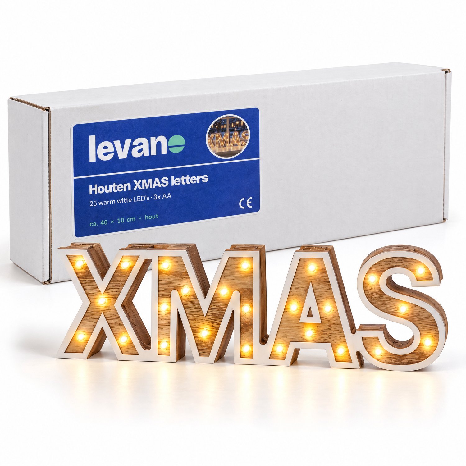 Levano Kerstversiering - Kerstdecoratie voor Binnen - LED Verlichting - Kerstlichtjes op Batterij - Vensterbank Decoratie - Houten Letters - LED Kerstverlichting - Kerstversiering Raam - Xmas Letters - Houten Kerstdecoratie - Kerstlampjes – foto 8