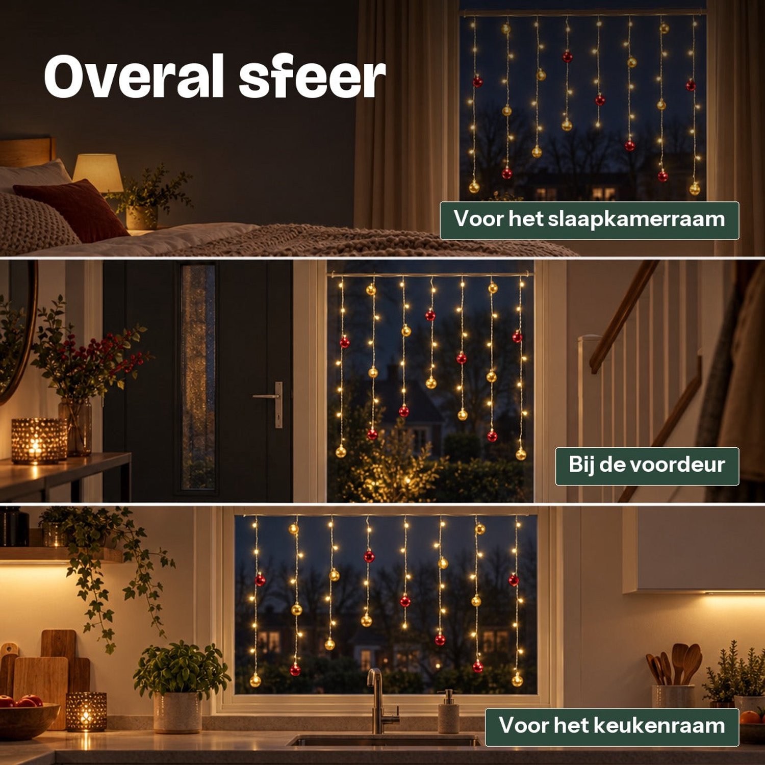 Levano Kerstverlichting Buiten - Lichtgordijn met Kerstballen - Kerstversiering - Kerstverlichting op Batterijen - Kerstlampjes - Raamverlichting Kerst - LED Gordijn - Kerstdecoratie Raam - Warm Wit - Timer - 74 LED - Sfeerverlichting - IP44 – foto 7