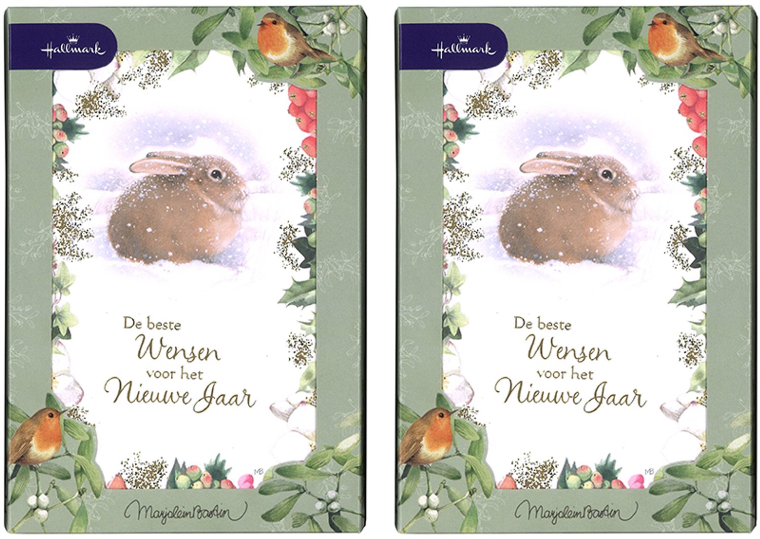Hallmark - Marjolein Bastin - 20 Kerstkaarten - 2 doosjes - Konijn - Goudfolie - Kerst - Nieuwjaar - 12,5 x 18 cm