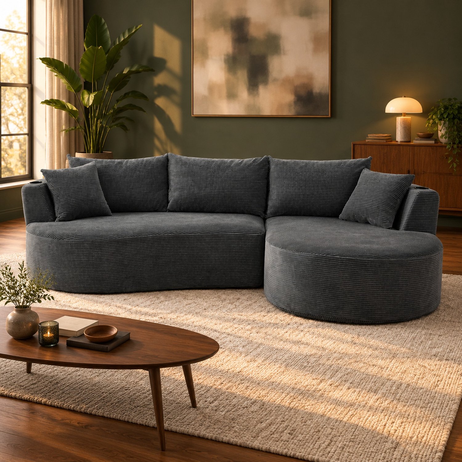WUVRIE Hoekbank voor 3 personen 264x168 cm - Rechter chaise longue met bekerhouders - Grijs