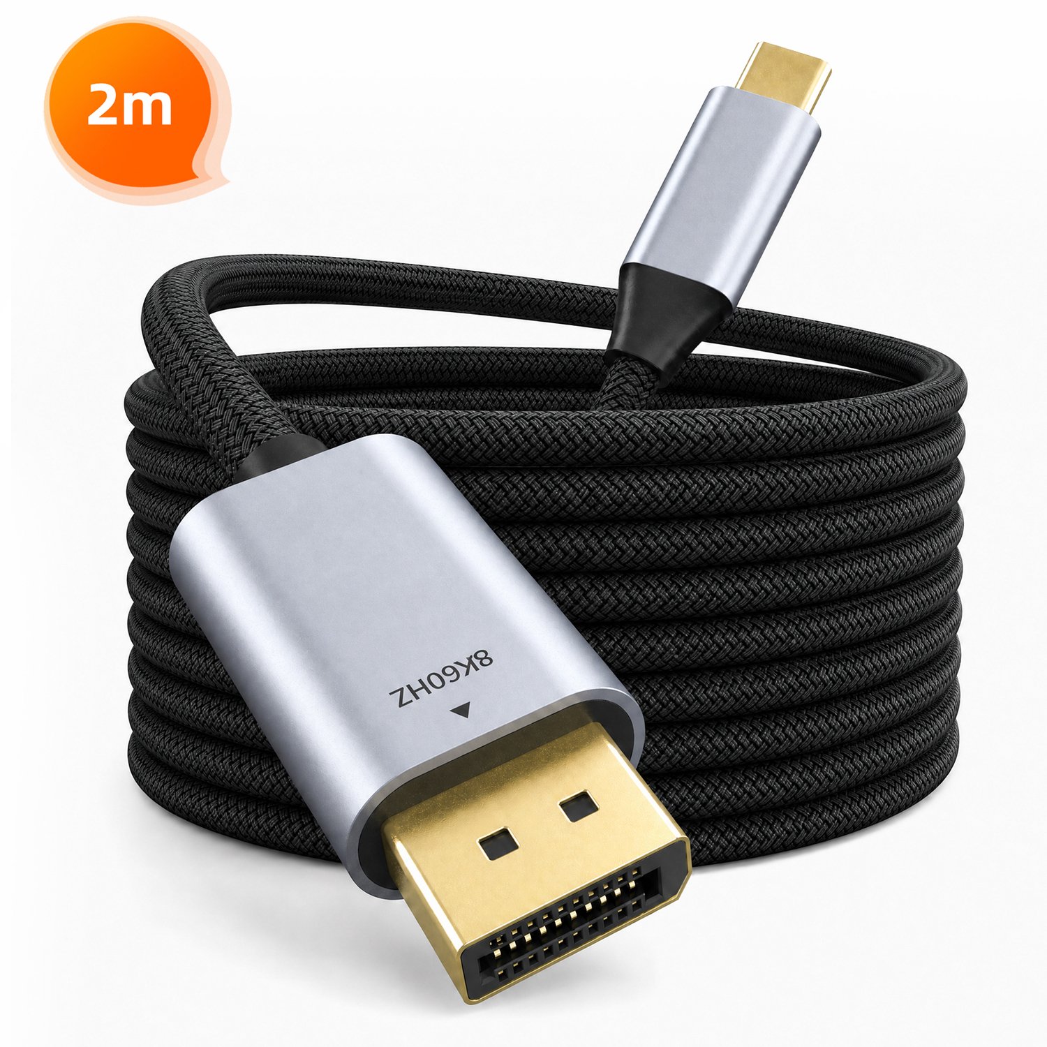 Rayofi USB C naar Displayport Kabel - Braided - (8K / 60Hz, 4K / 144Hz) - DisplayPort 1.4 - Type-C naar DP adapter - voor MacBook, Laptop en Monitor - 2 meter - Donkergrijs