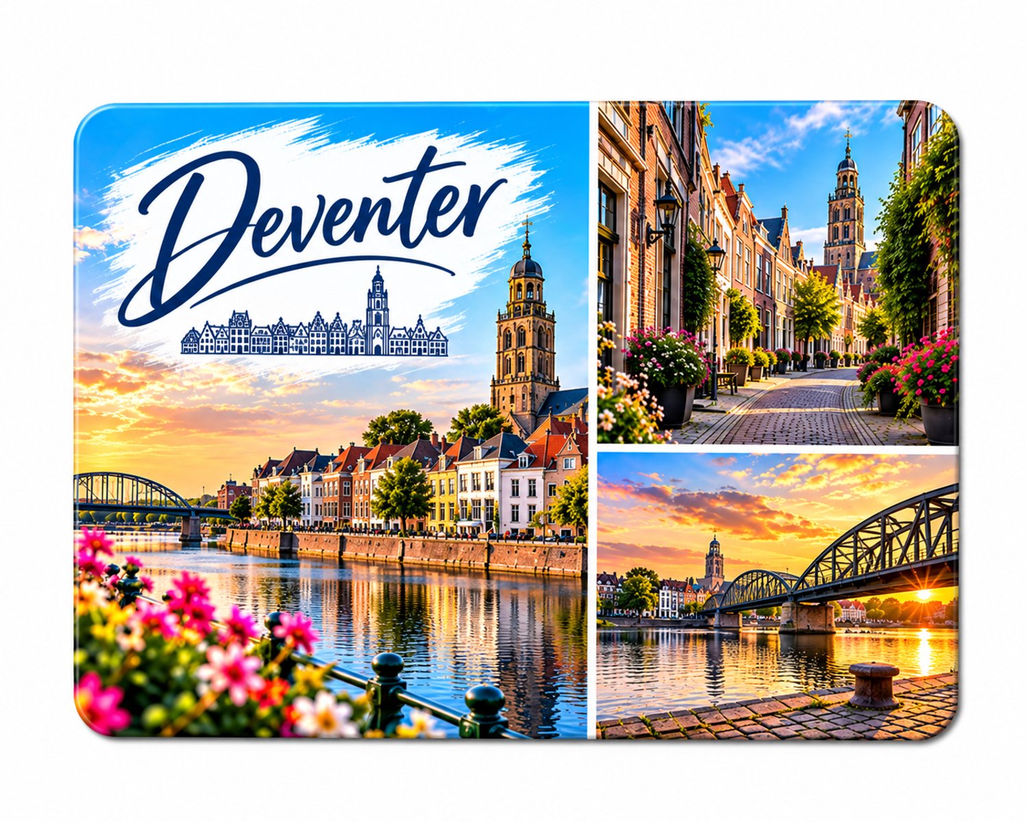 Koelkastmagneet MDF Deventer 9 x 7 cm – Rechthoekige souvenir met stads- en rivierbeelden