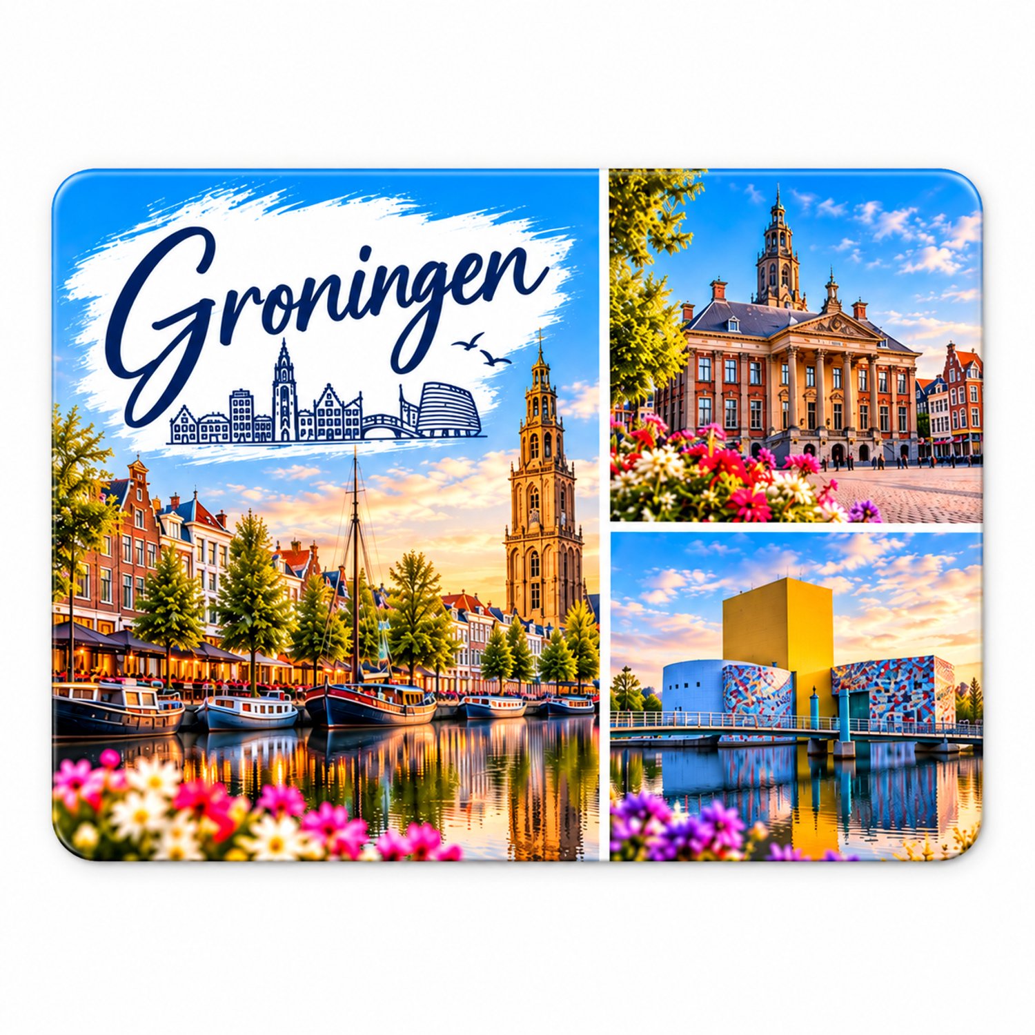 Koelkastmagneet MDF Groningen 9 x 7 cm – Rechthoekige souvenir met grachten, skyline en stadsbeelden