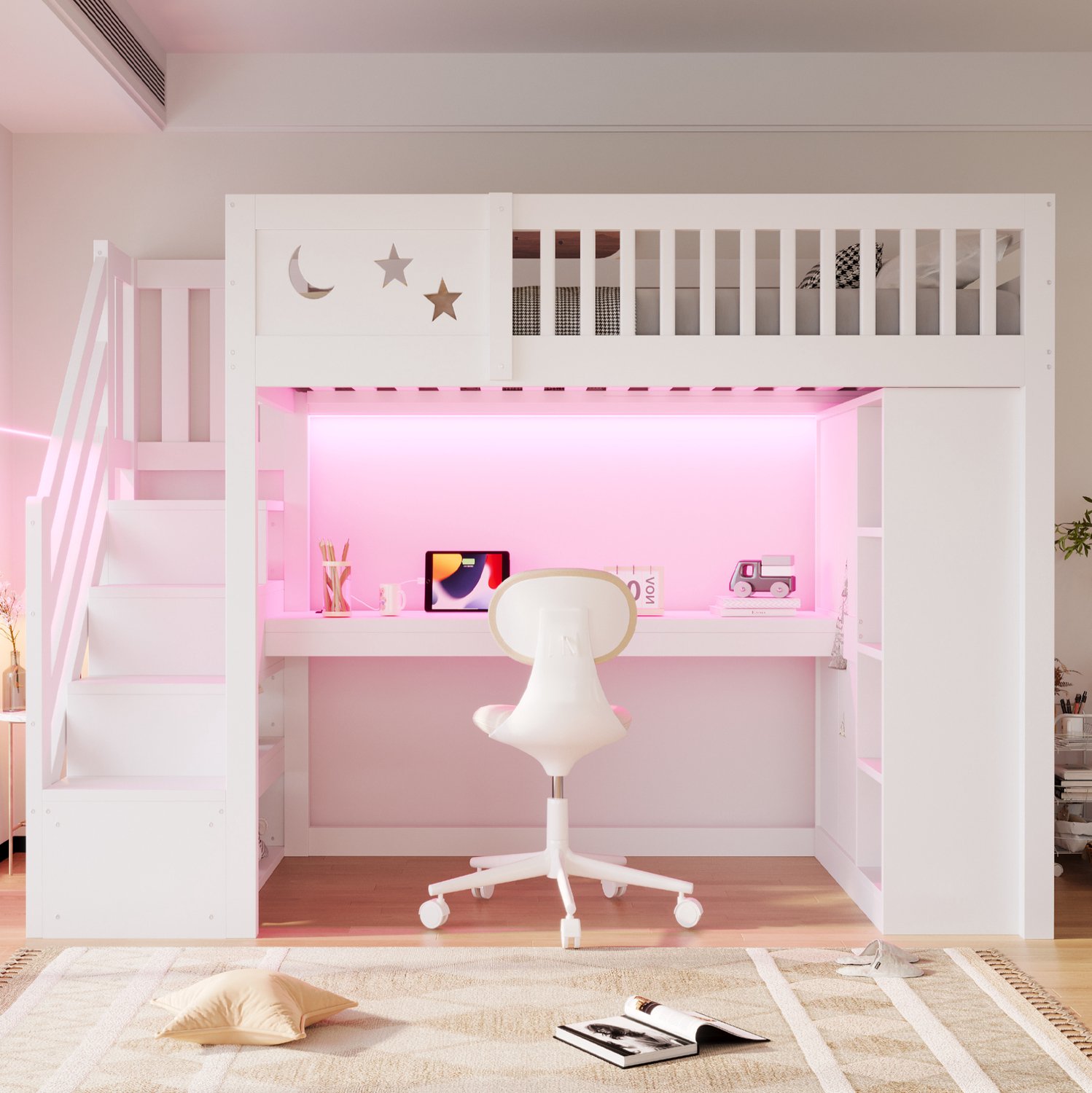 MIVRAY Hoogslaper 90 x 200 cm - Met Bureau LED-Verlichting En Stopcontact - Opbergruimte Voor Kinderkamer - Zonder Matras - Hout En MDF - Wit