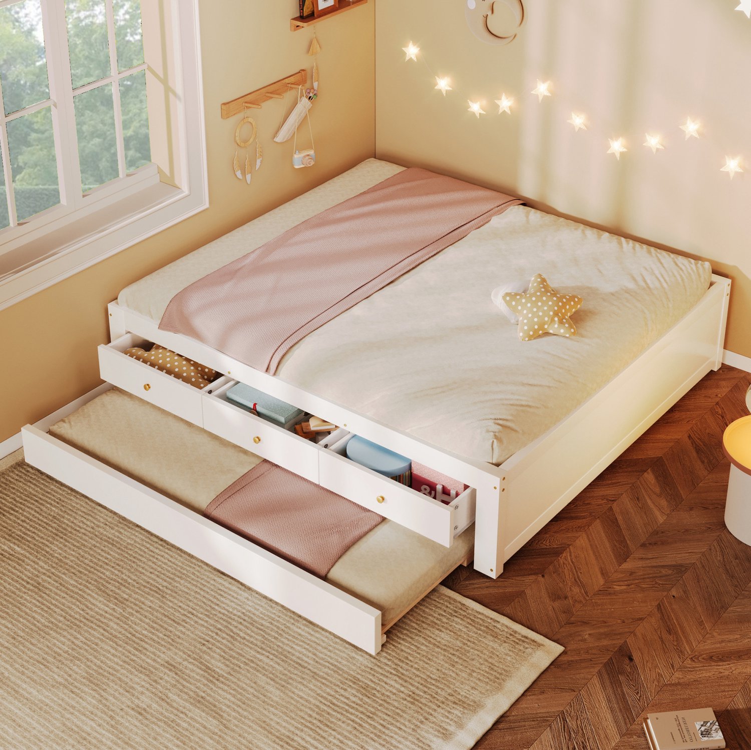 MIVRAY Bed 140x200 cm - Met 3 Lades en Uittrekbaar Logeerbed - Voor Slaapkamer en Logeerkamer - Hout en MDF - Wit - Zonder Matras