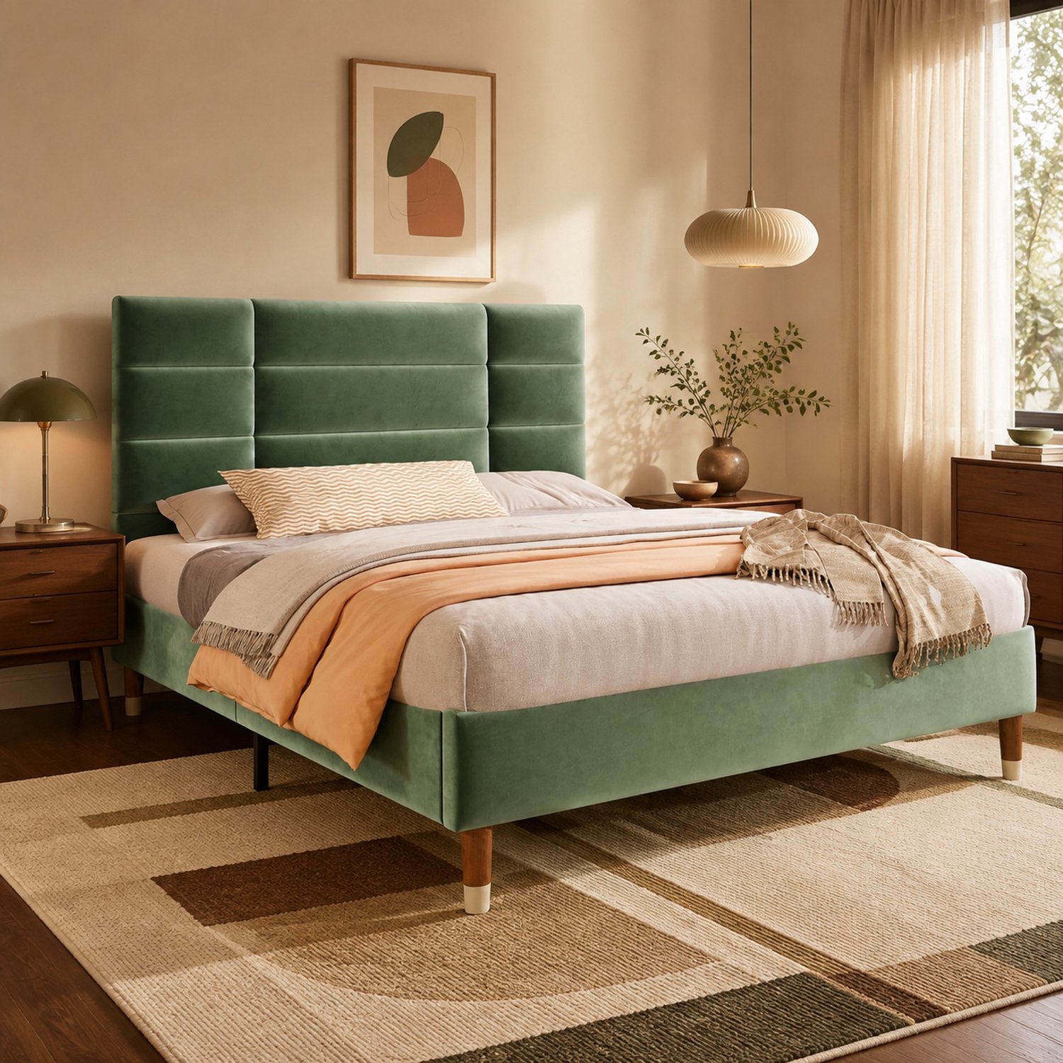 Gestoffeerd tweepersoonsbed 140x200 cm met lattenbodem, fluweel groen