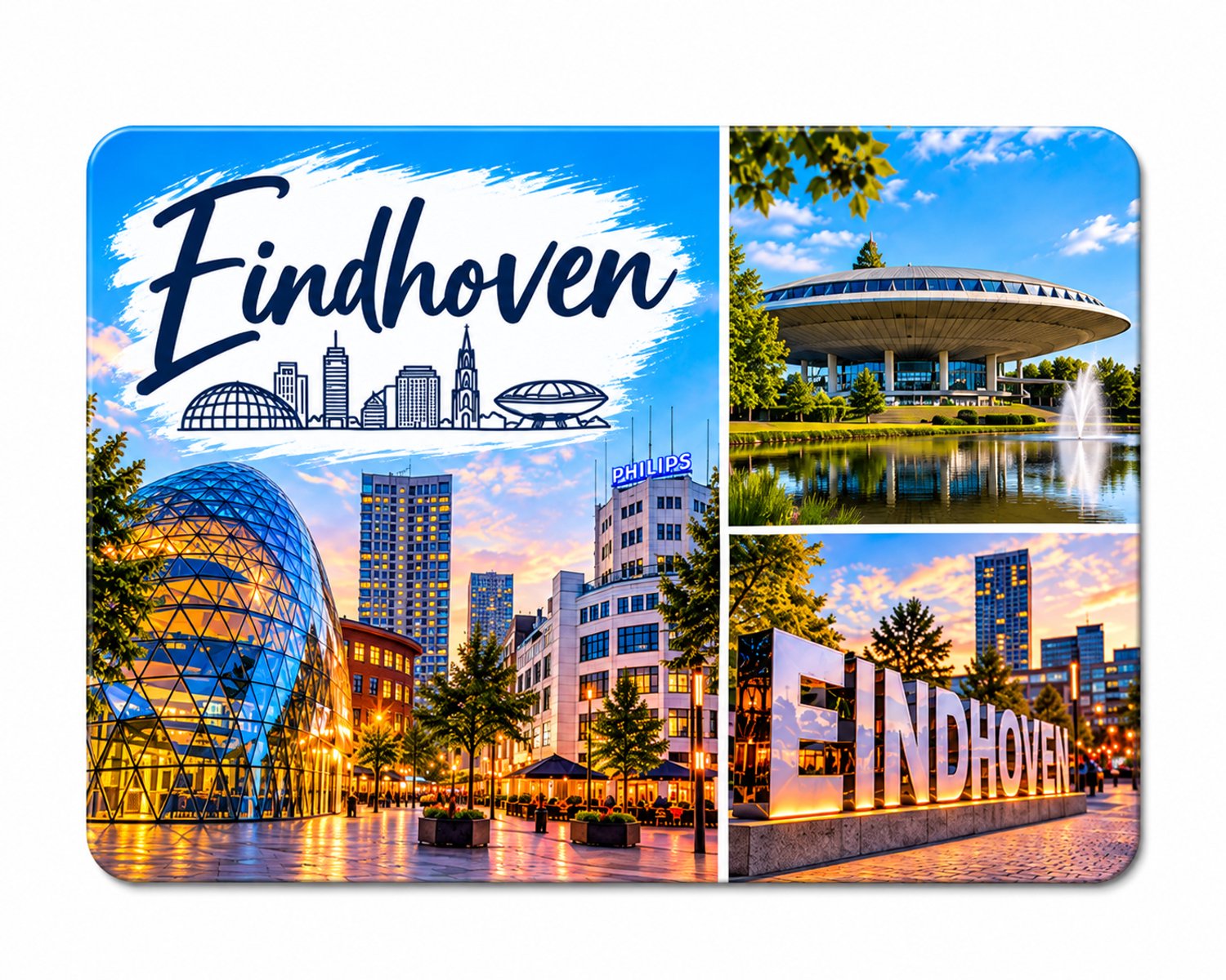 Koelkastmagneet MDF Eindhoven 9 x 7 cm – Rechthoekige souvenir met skyline en stadsbeelden