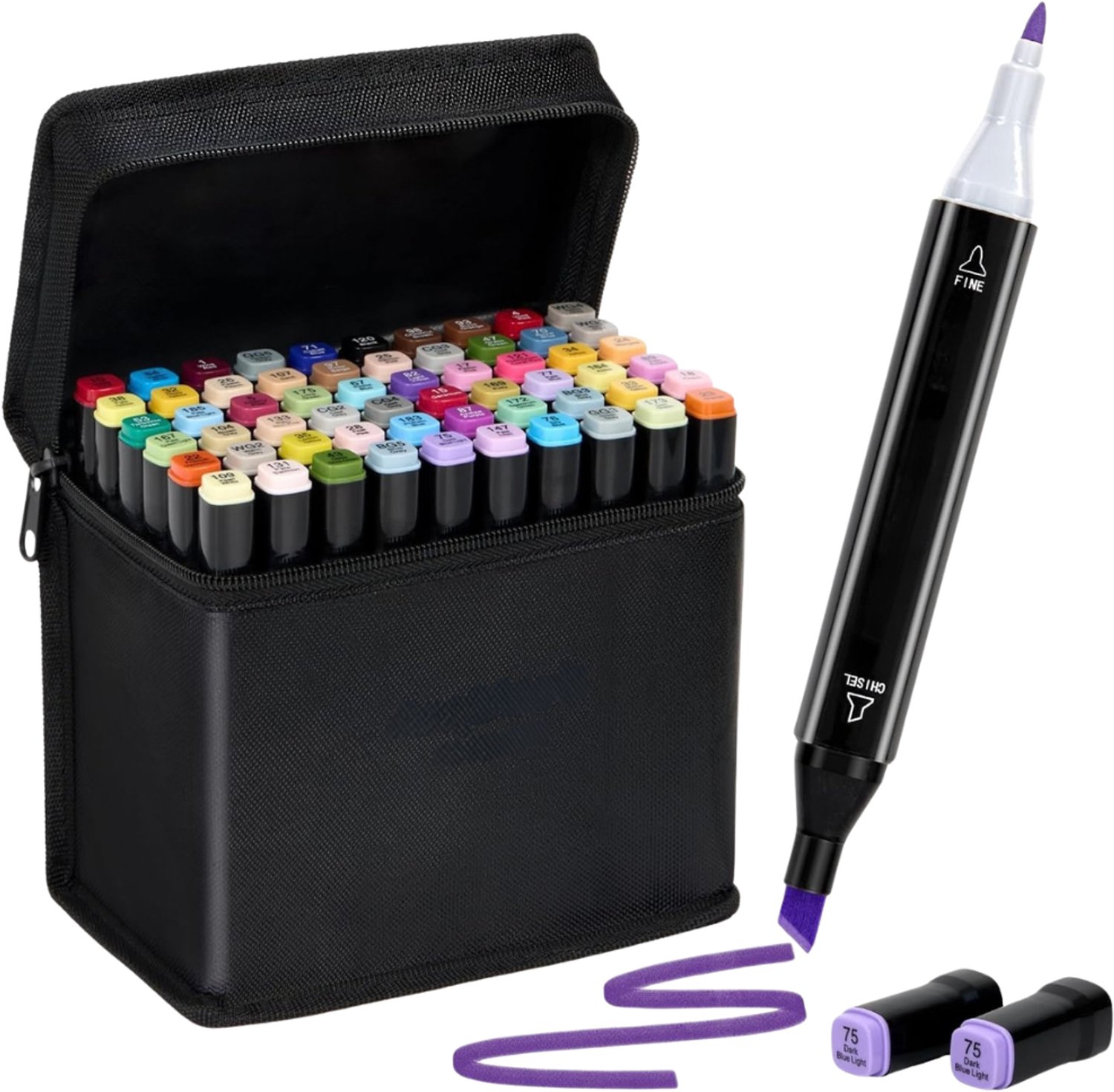 Verte - Alcohol Based Markers - 60 Kleuren - Kleurenset Met Dubbele Punten - Voor Volwassenen - Tekenen Uit Boeken - Schetsen - Schilderen - Beitel- En Fijne Punten - Zwarte Behuizing