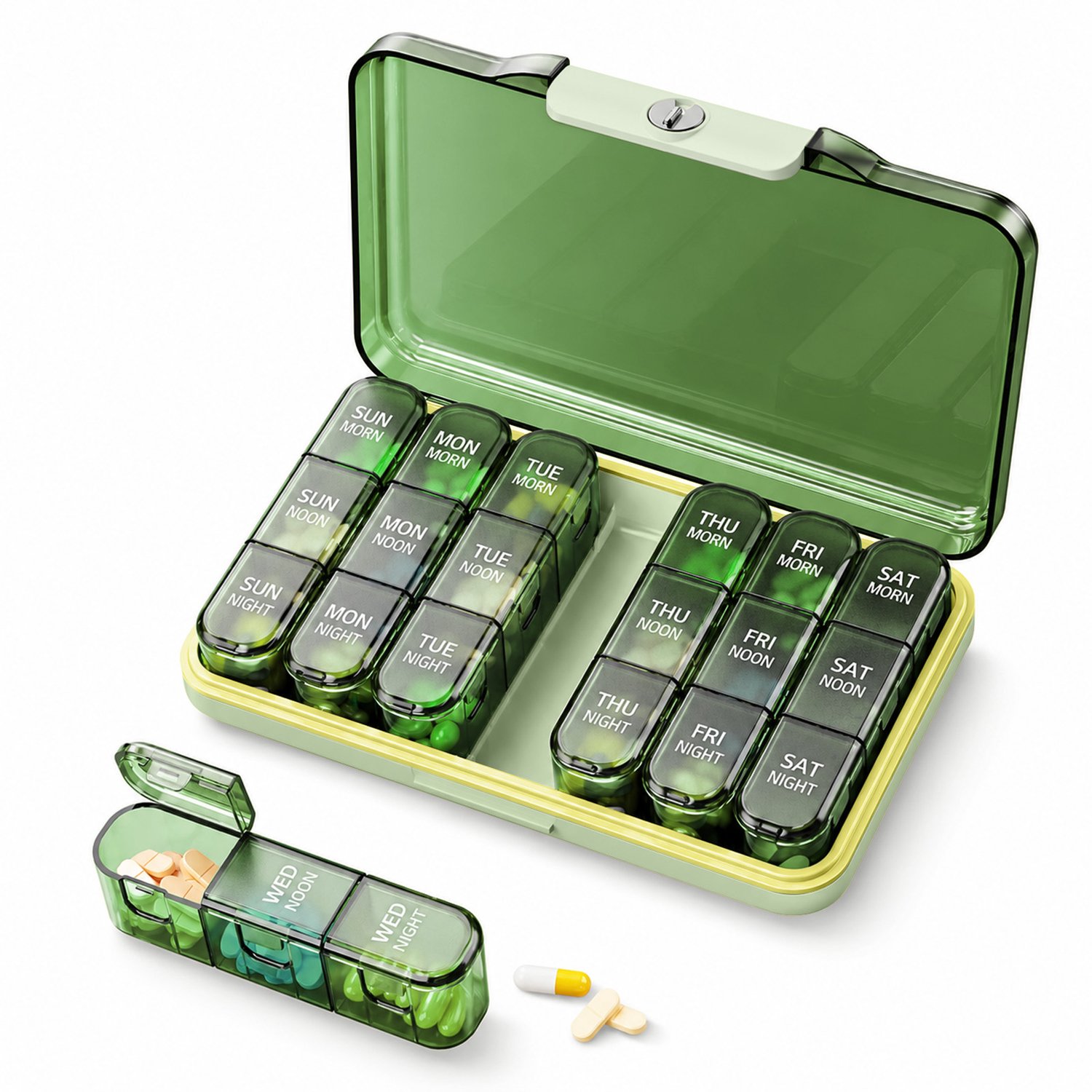 Pillendoos 7 dagen - 21 vakken - 3 vakken per dag - uitneembare compartimenten - medicijndoos met stevige sluiting - voor dagelijkse medicatie(Groen)