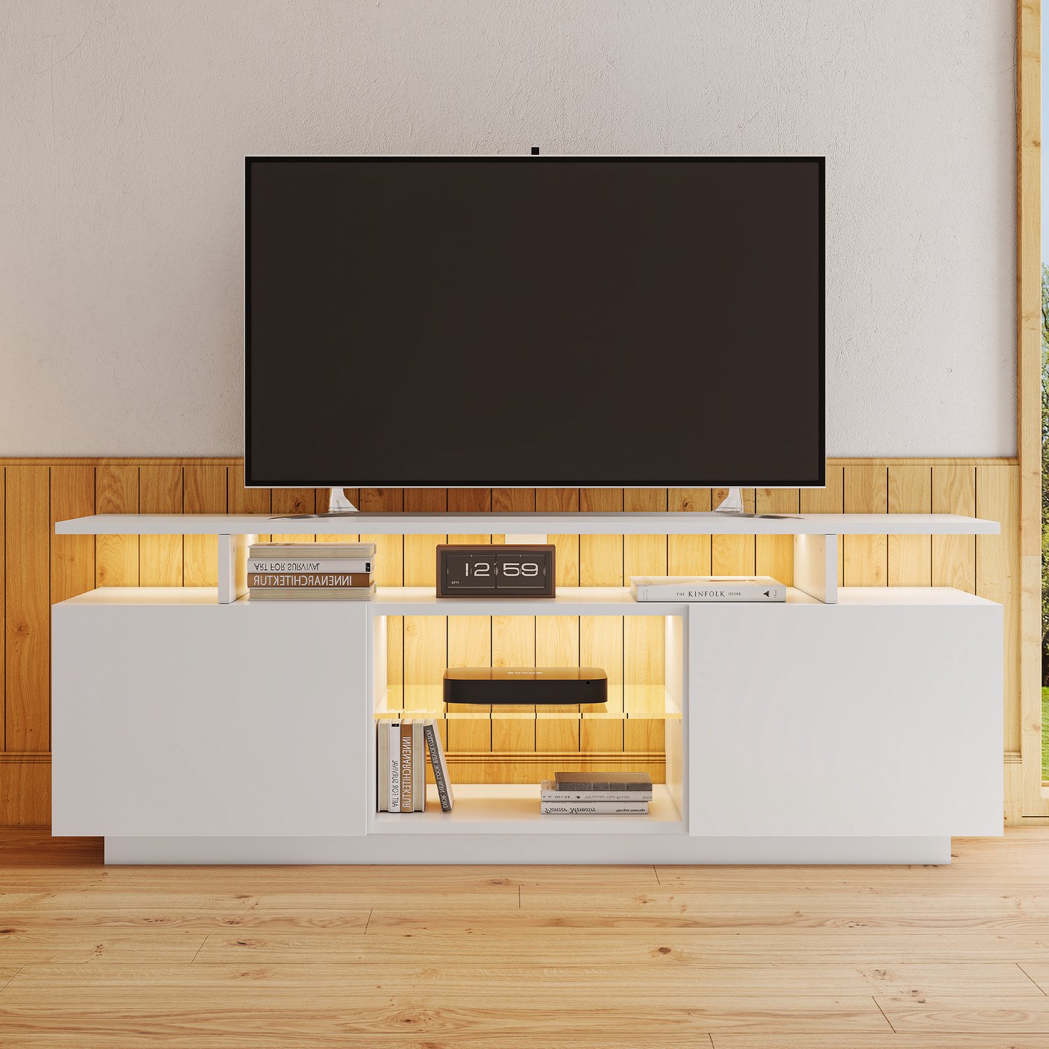 TV-meubel 140 cm - 2 deuren - 5 open vakken - LED met appbediening - Hoogglans deuren - Wit