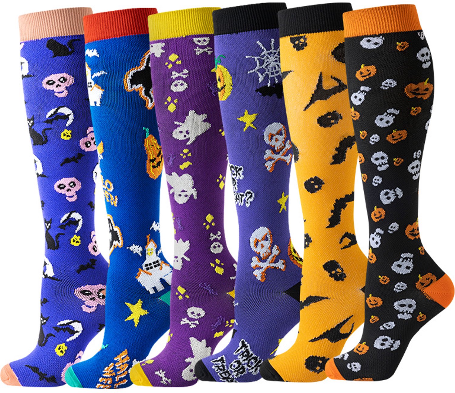 Set van 6 paar compressiesokken - Kniehoge sportsokken met Halloween patroon - Geschikt voor sport en yoga - Maat L